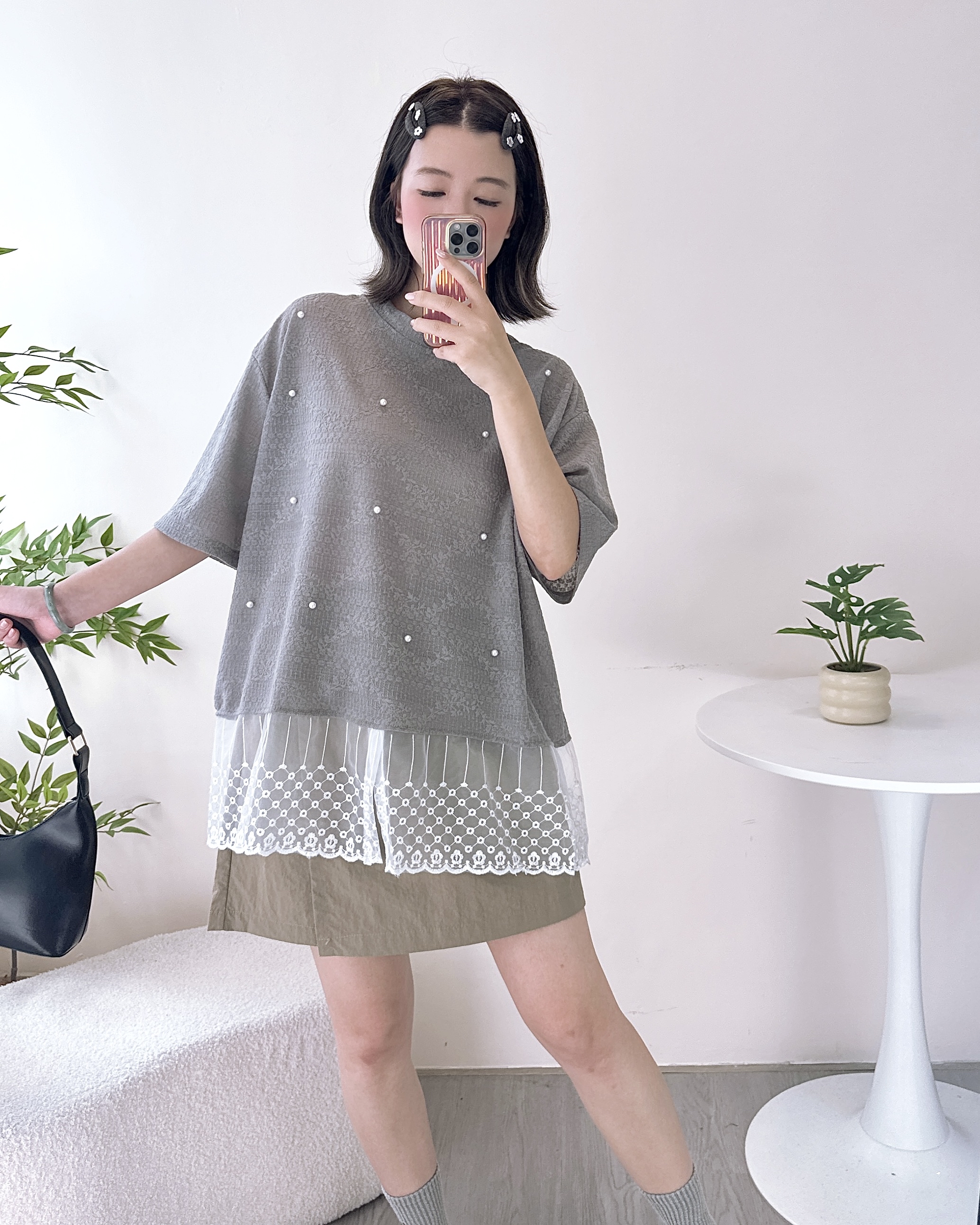 鑲珍珠針織混紗寬鬆上衣 2色