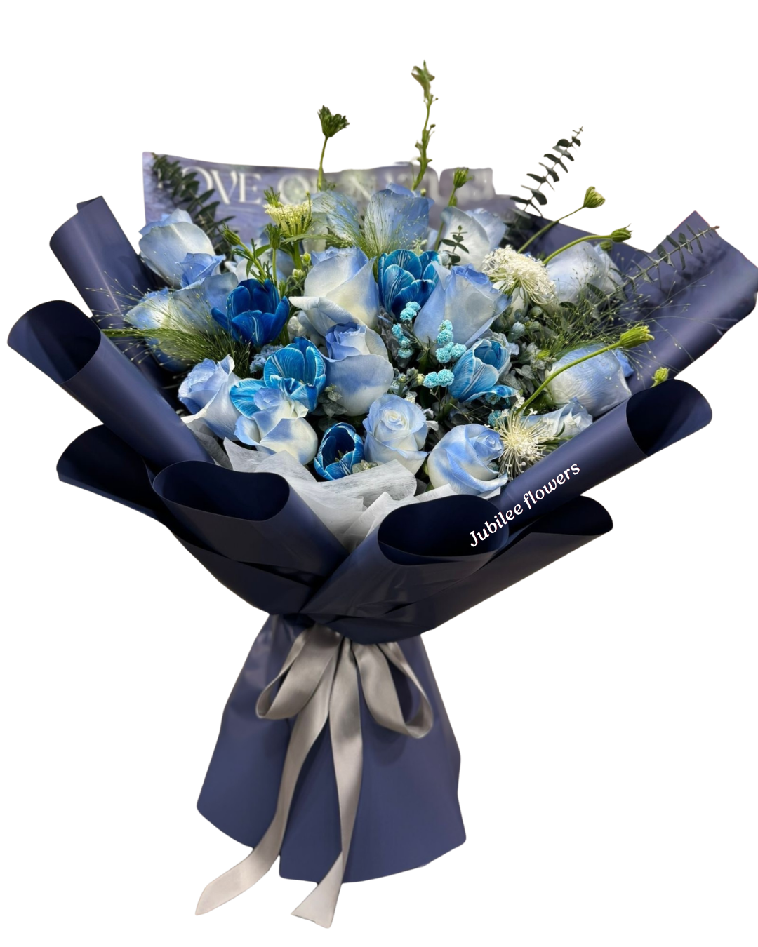 碎冰藍玫瑰 鬱金香 花束