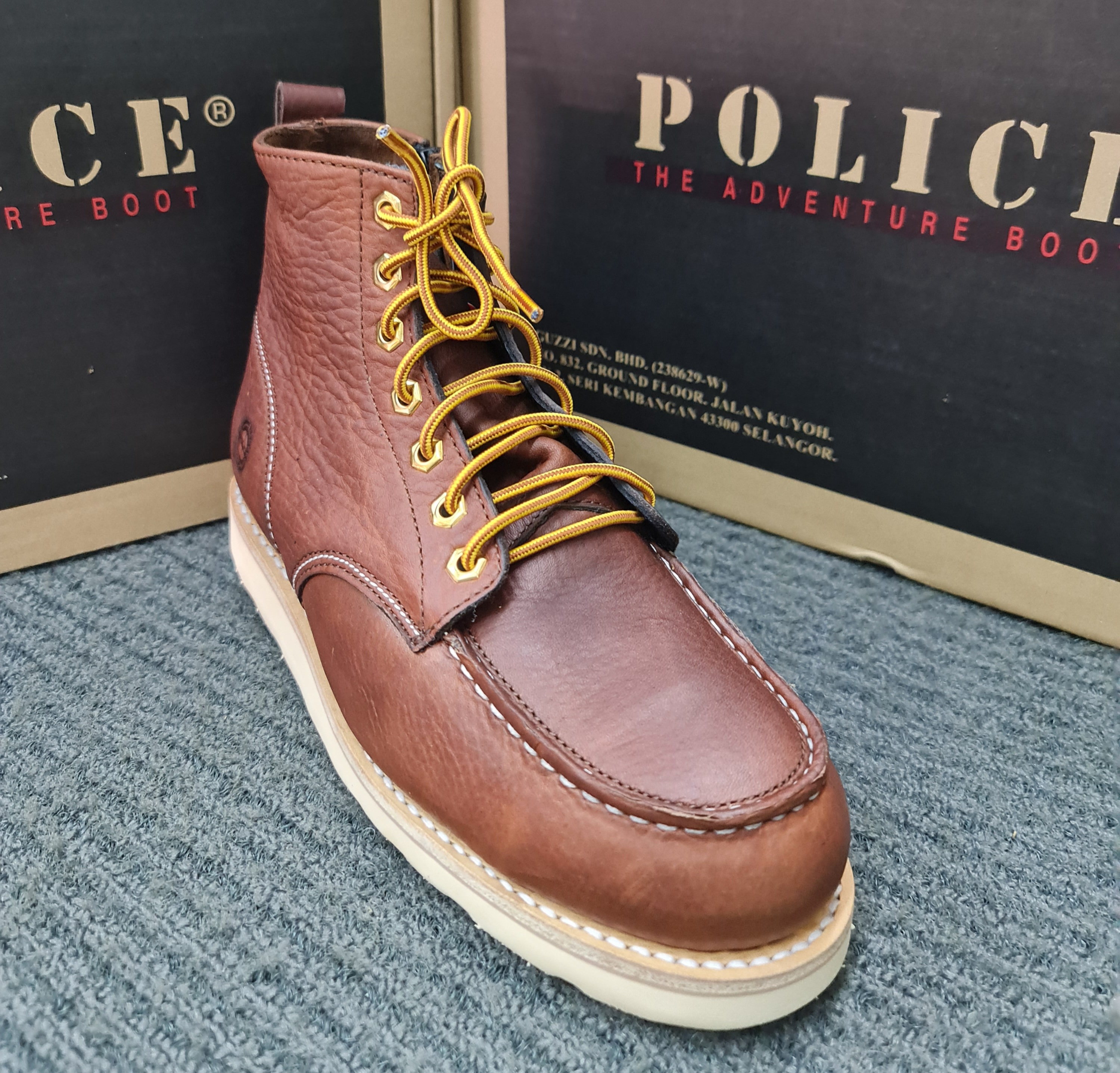 Police 93256 Men's Mid Cut Side ZIP Premium Safety Work Boots  SAFETY Steel Toe Cap, Steel Plate, Goodyear Welt, Genuine Leather Kasut Keselamatan
