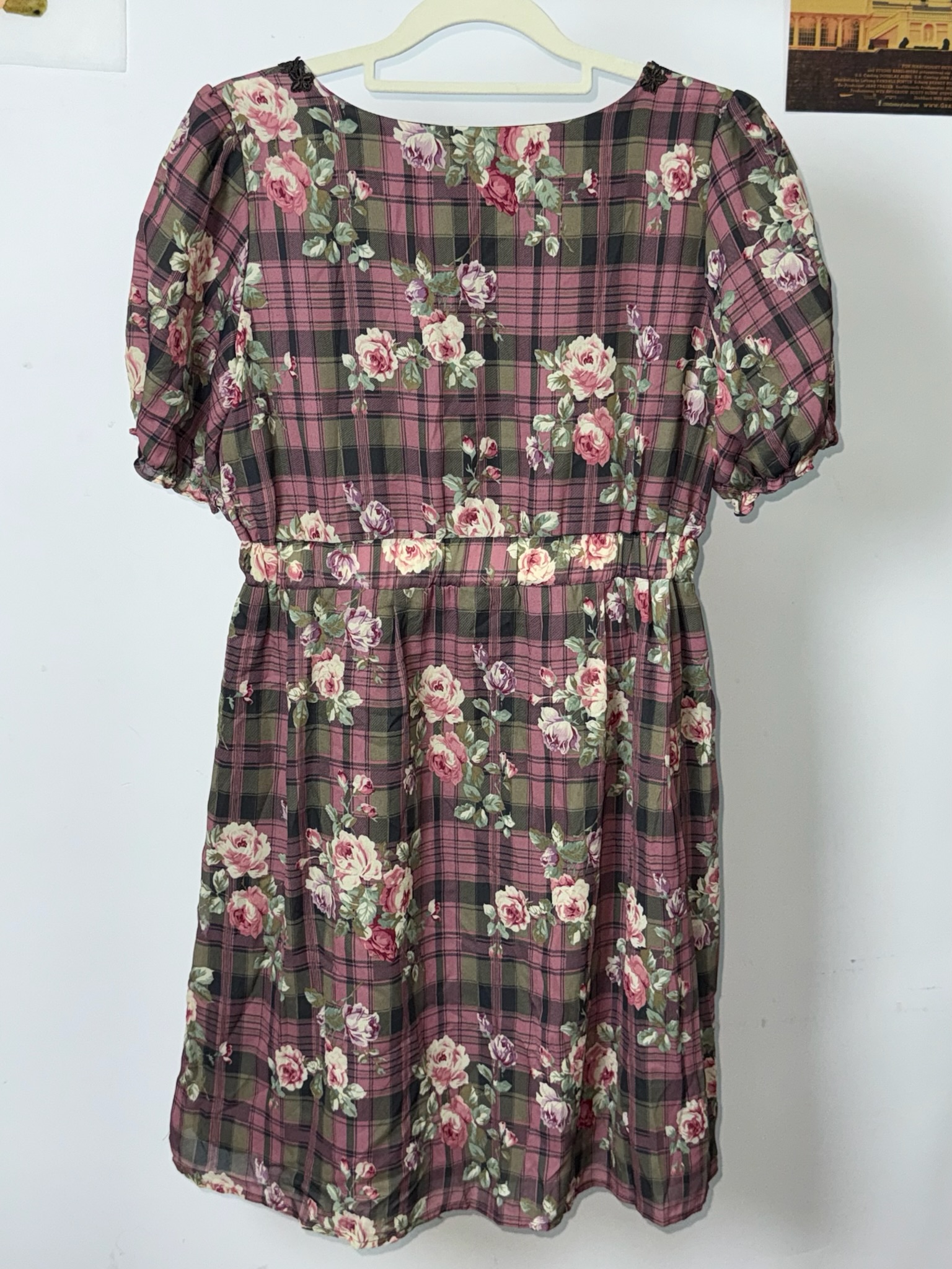 Vintage Tartan Plaid & Rose Print Puff Sleeve Dress