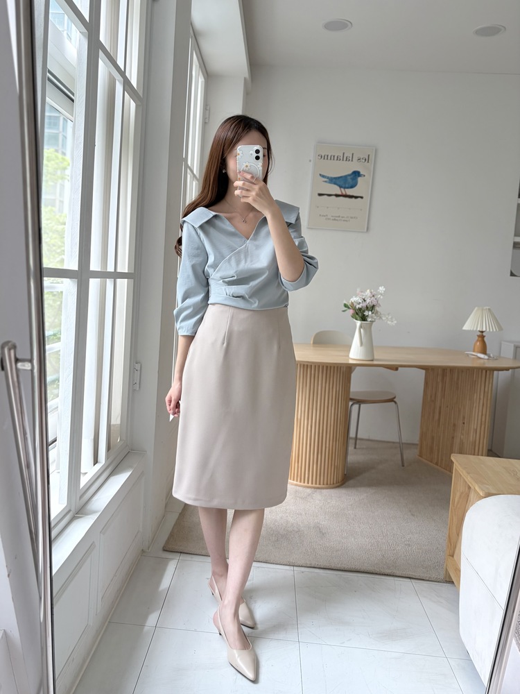 Camelia Wrap Collar Blouse (Blue)