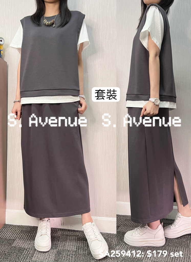 SA259412: 短袖假兩件tee配半截後開叉直身長裙套裝