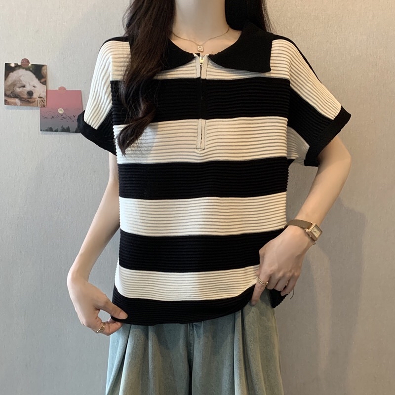 B135(942) 韩版洋气拉链翻领撞色横纹针织黑上衣 