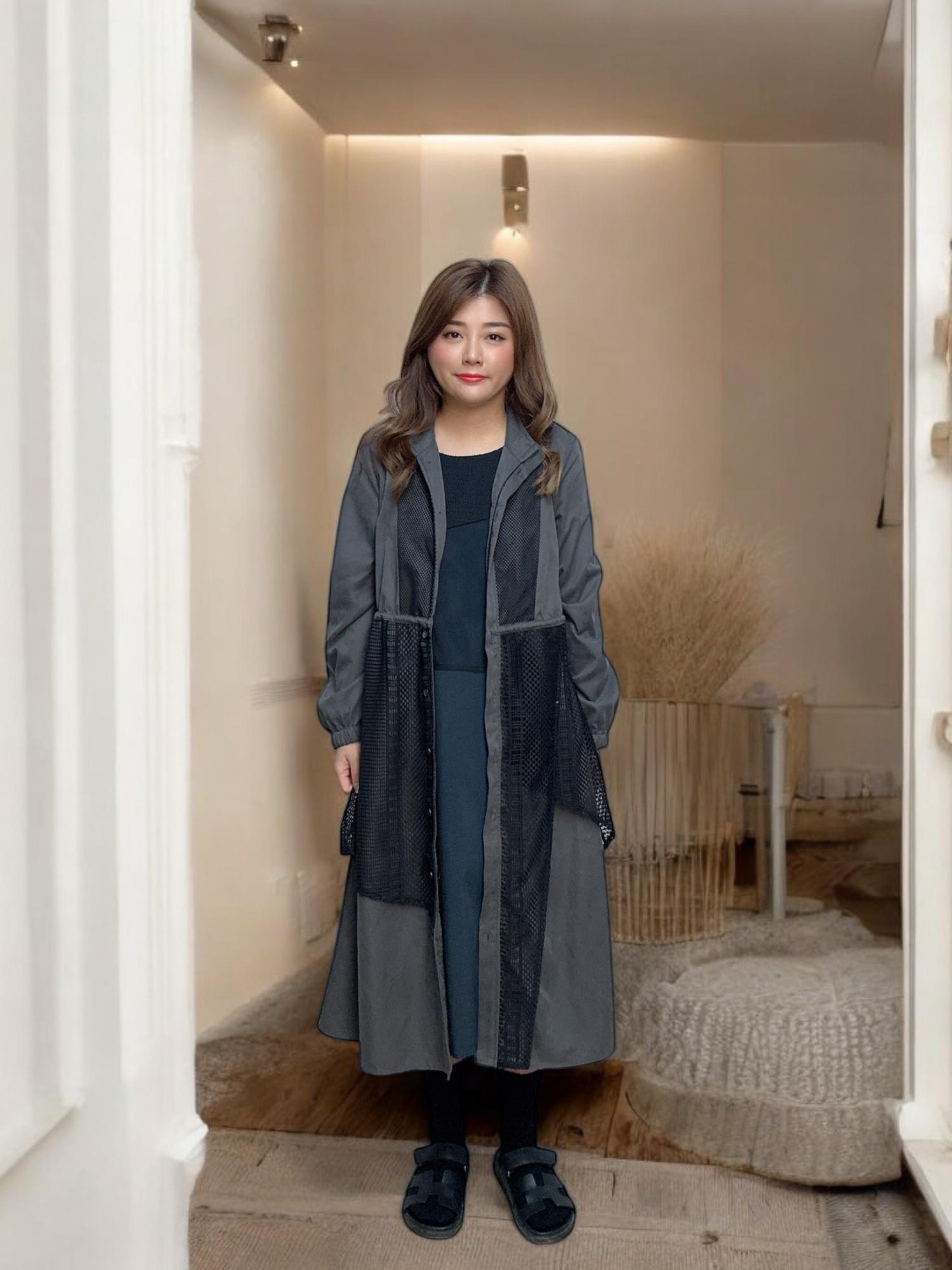 103546 BS 自家款 洗水磨毛布拼接條子網布連身裙外套