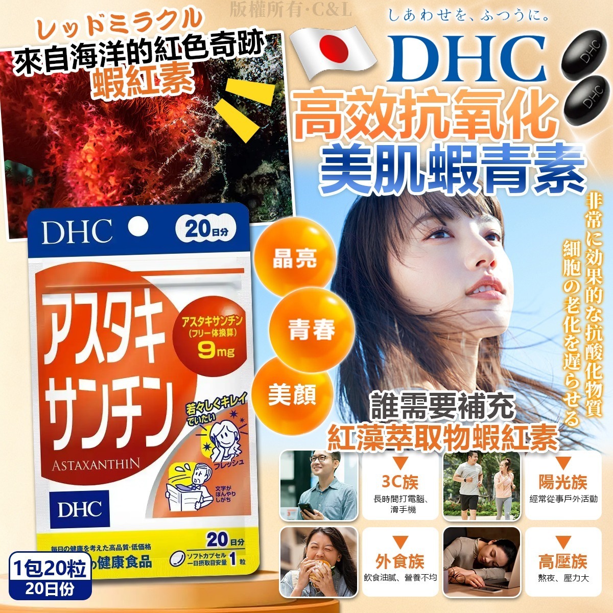 日本DHC 高效抗氧化美肌蝦青素 1包20粒 (20日份)-預計6月底到貨