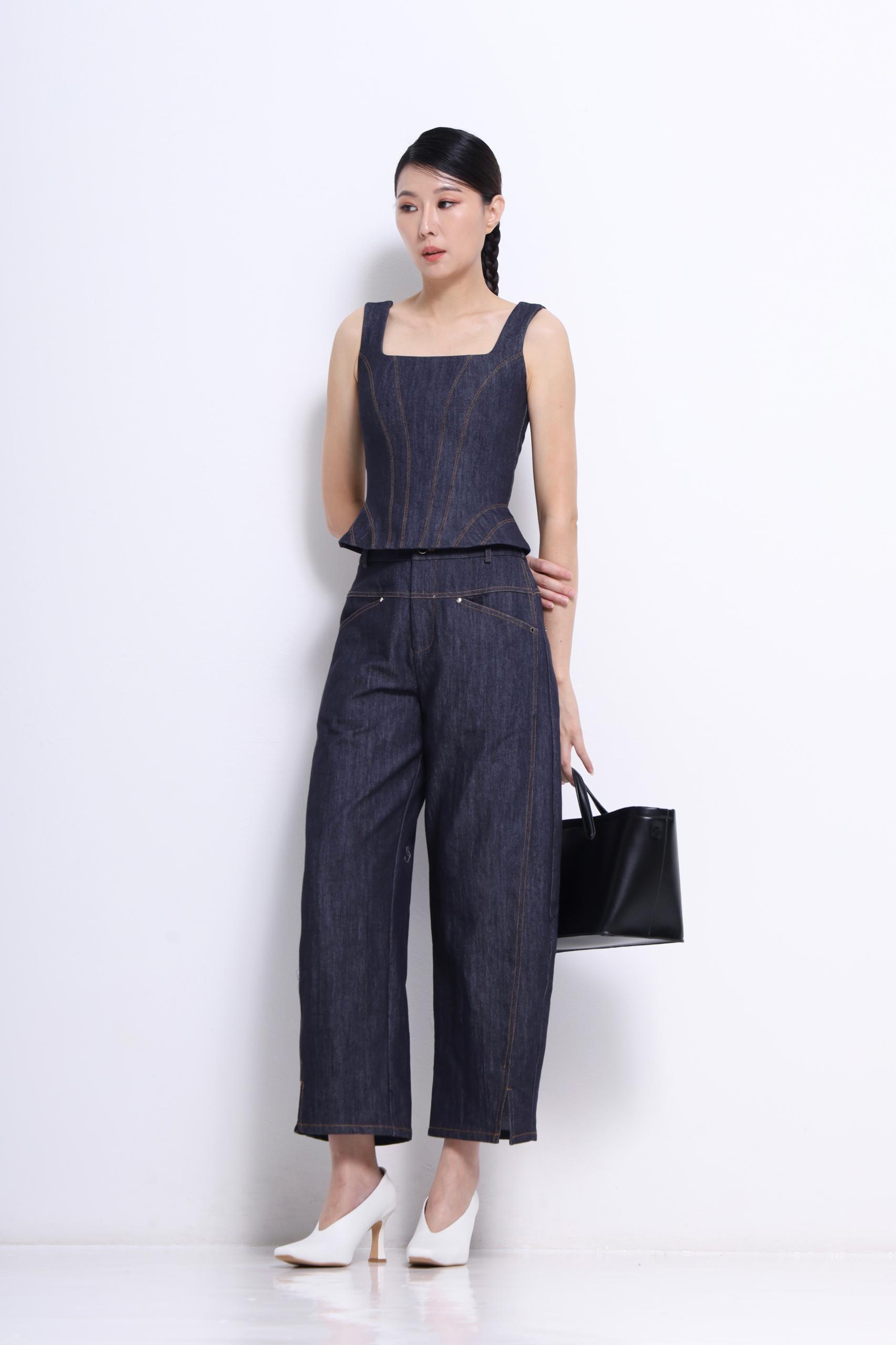 CB2700 DENIM SQUARE NECKLINE PEPLUM TOP