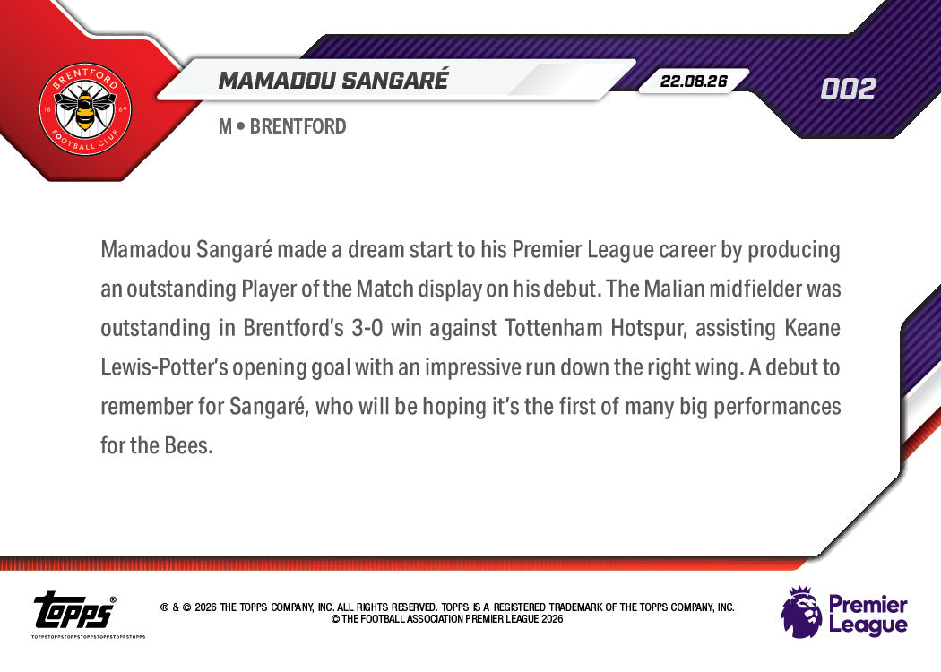 Mamadou Sangare - 2026/27 Premier League Topps NOW® #2 紀念卡【團購】