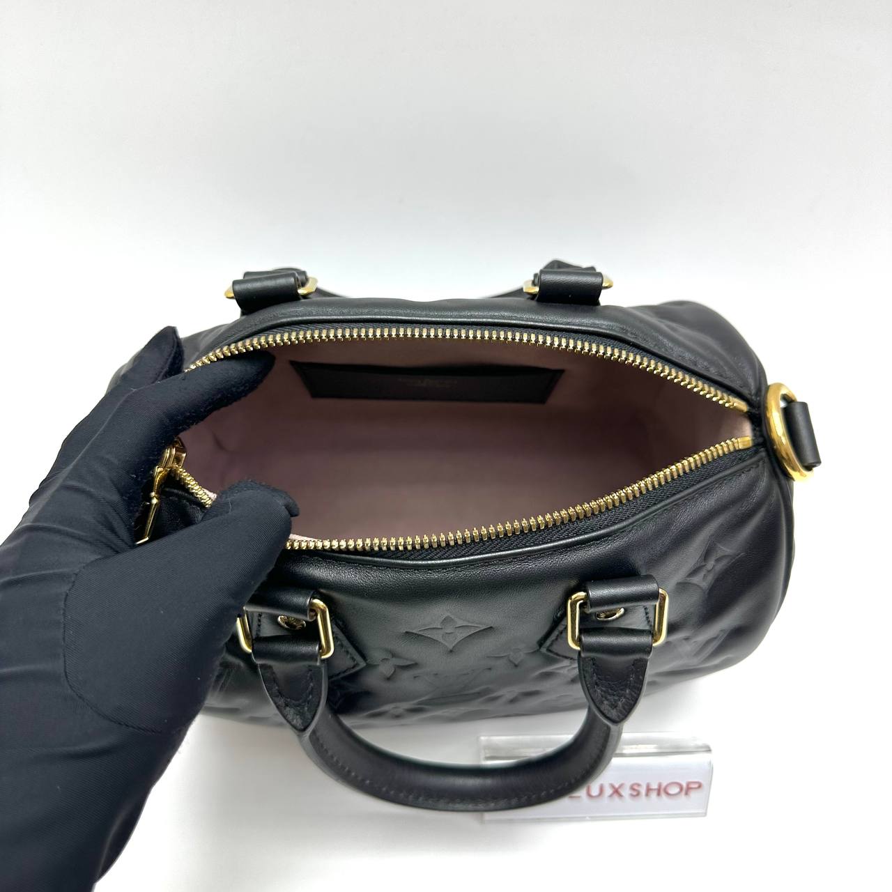 LV Black Embossed Monogram Speedy 22 GHW