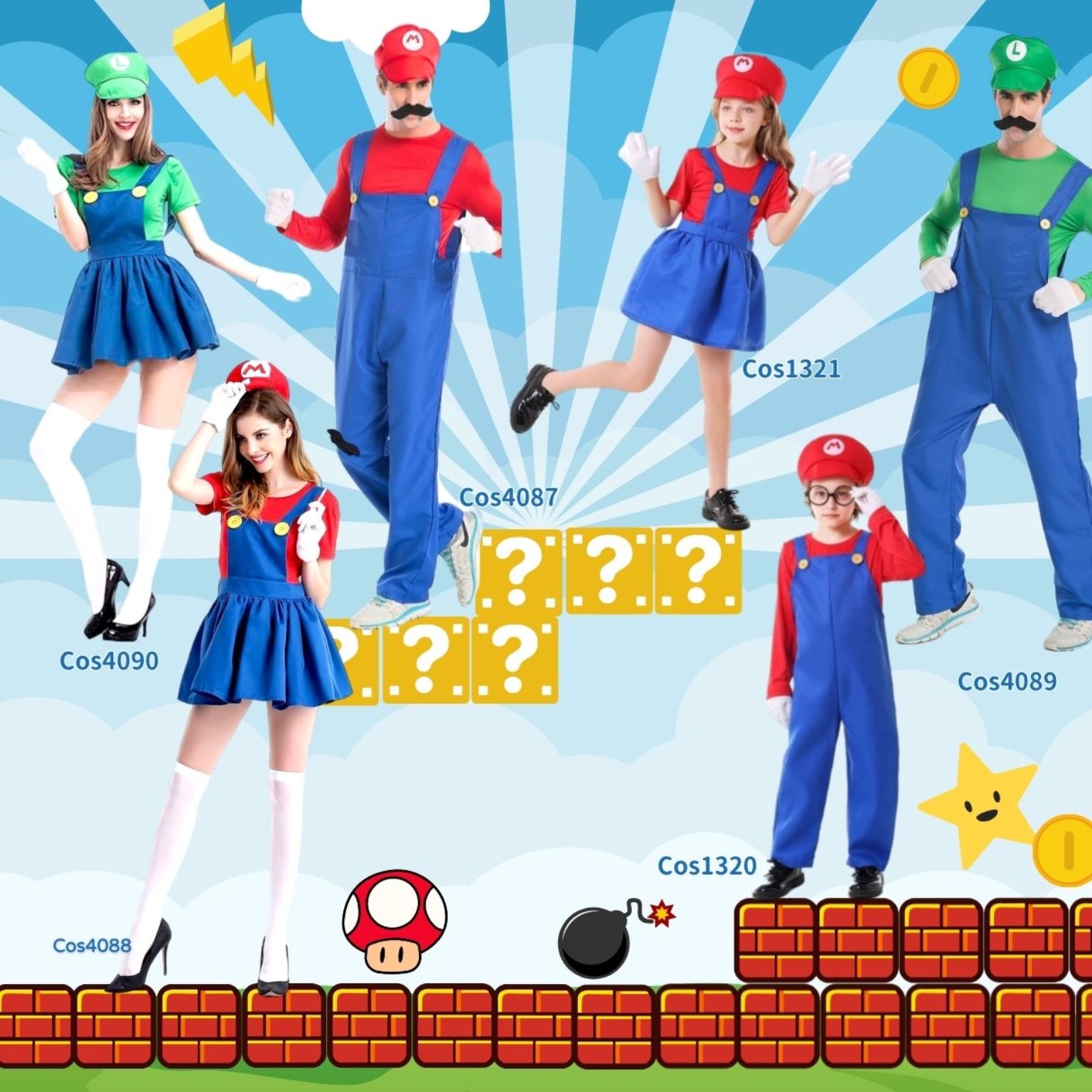 超級瑪利歐Mario成人男士經典工人連身褲連帽子鬍鬚6件套｜香港現貨Lets Cosplay COS4087