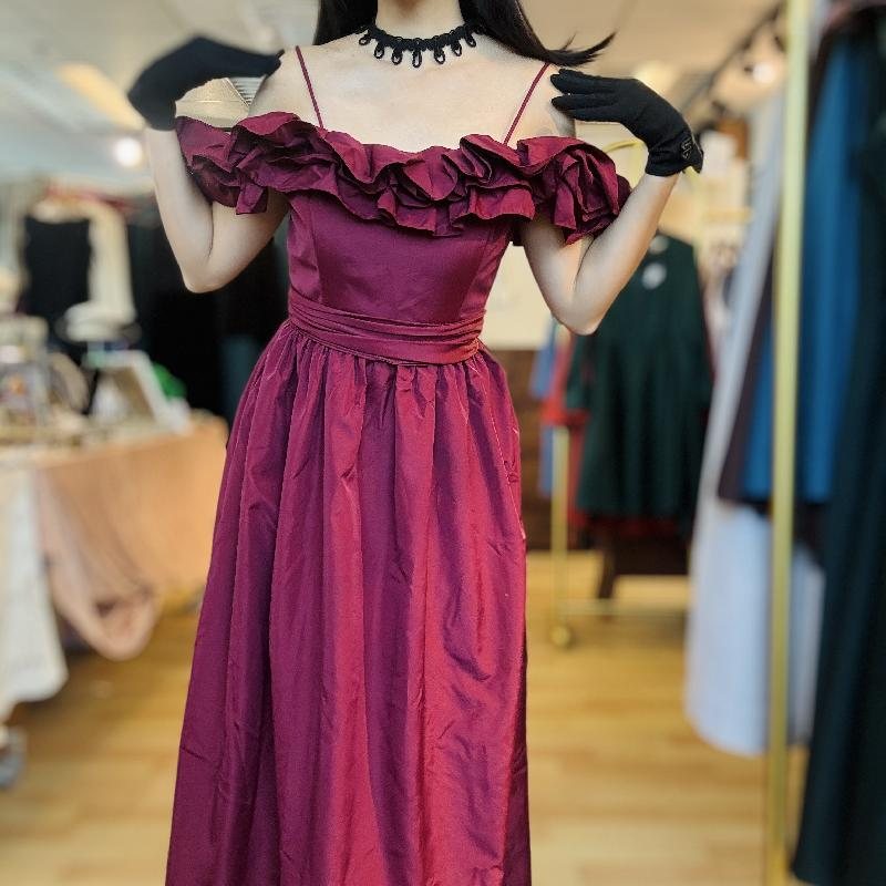 Vintage 1980s Wine Red Ruffle Off-Shoulder Evening Gown / Cocktail Dress (MT2568)