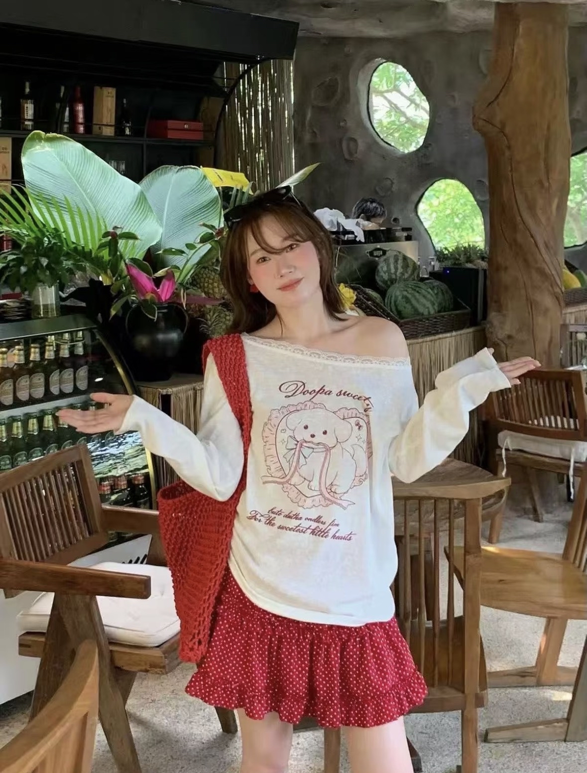 TP575韩系小狗斜肩上衣