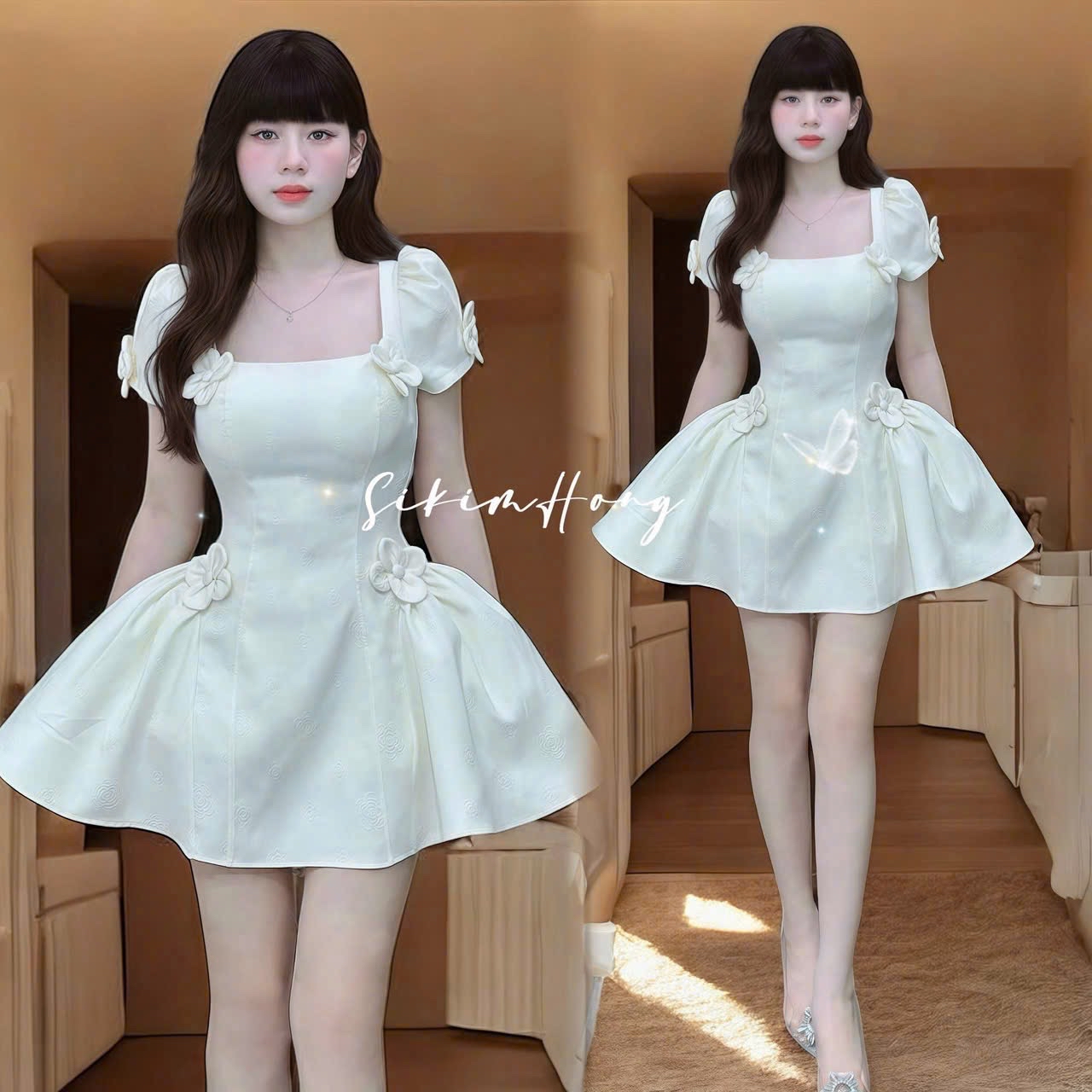 方領花朵貼花迷你連身裙  * 泡泡袖修身