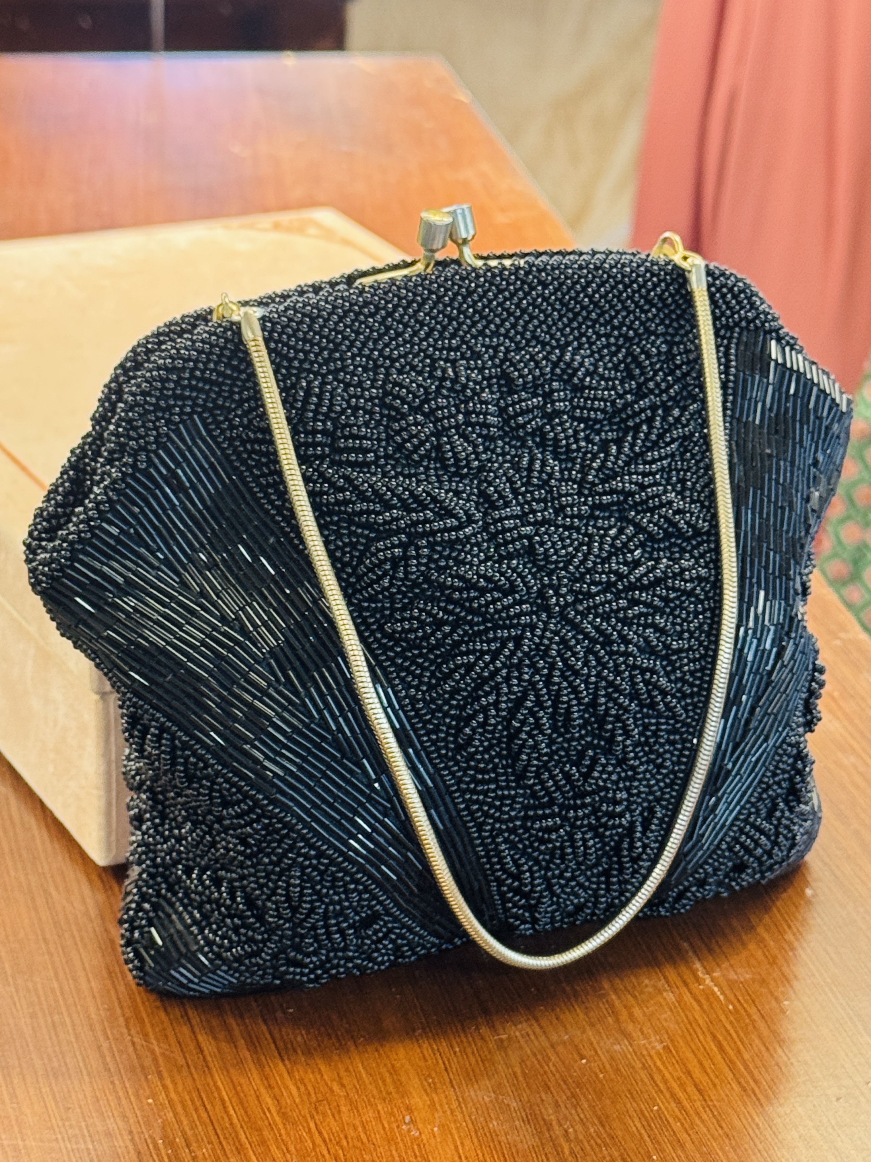 C.a. 1960s "Created by Mr John" Made in Hong Kong Floral Black Bead Bag (MT2501)