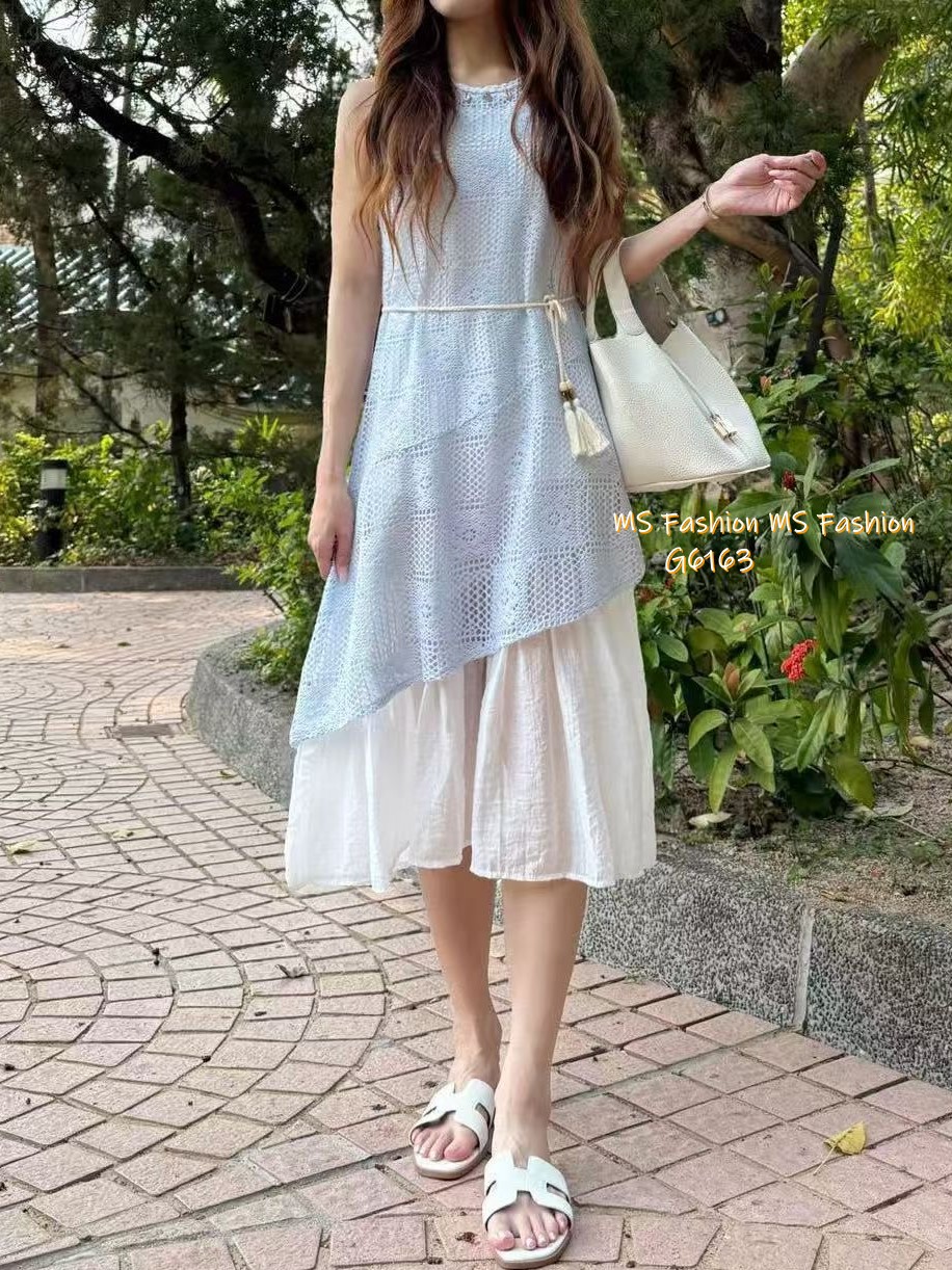 G6163 韓國🇰🇷假兩件通花背心連身裙
