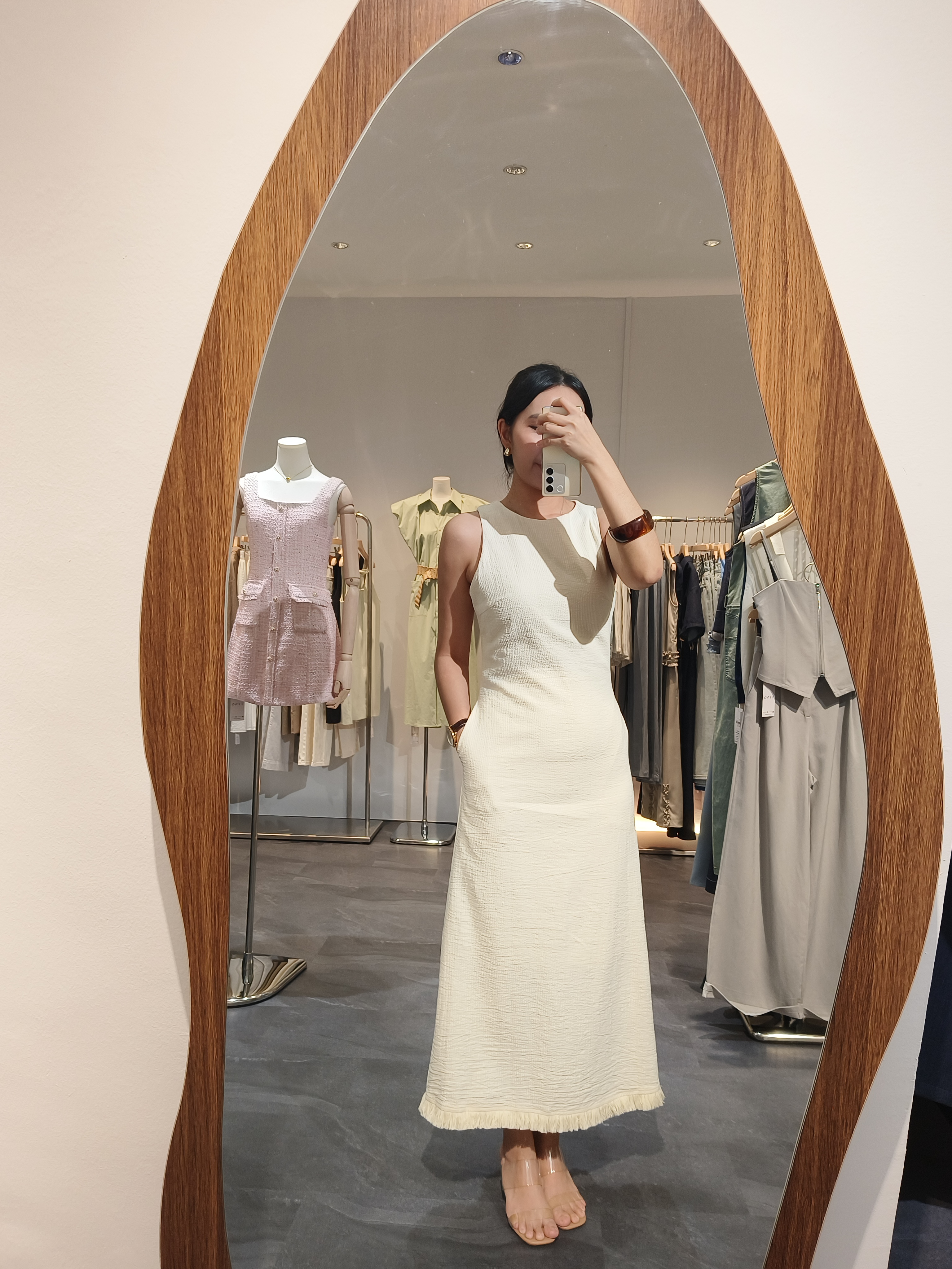 杏色棉麻流苏下摆连衣裙 Linen Fringed Hem Maxi Dress