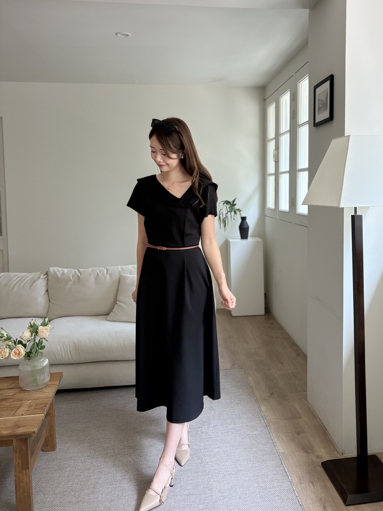 Sailor Collar Belted Dress (Black)