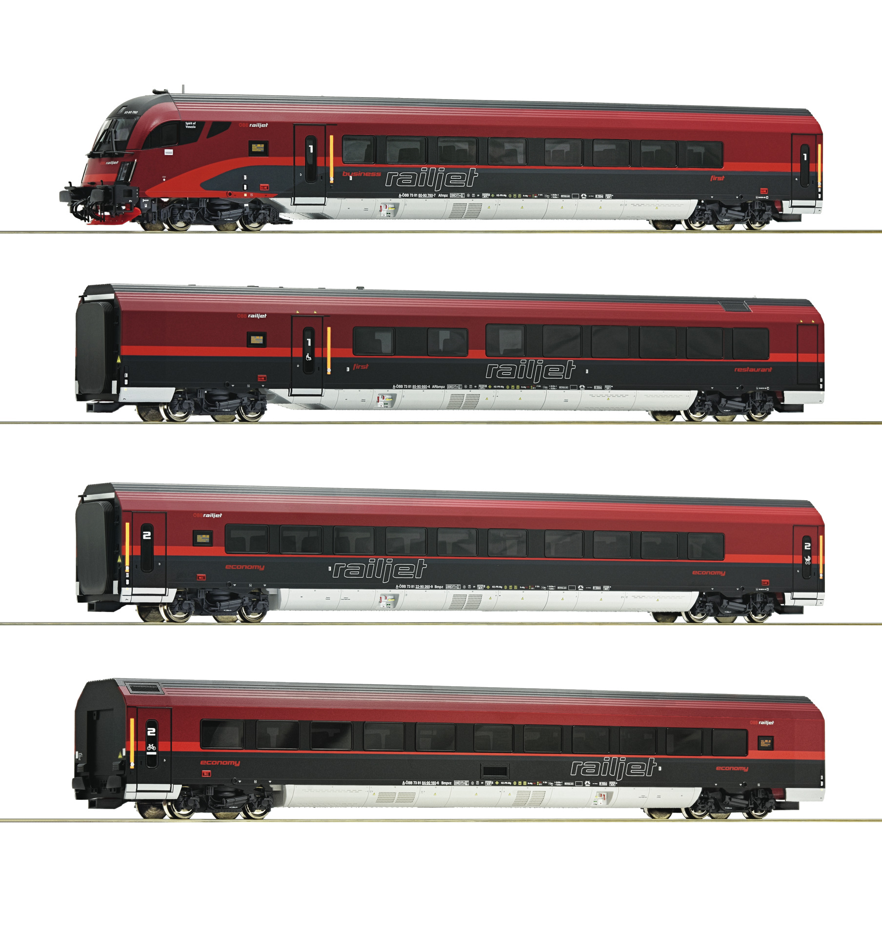 Roco Railjet OBB High Speed Coach set (4pcs HO-scale) D.C. 2-rail