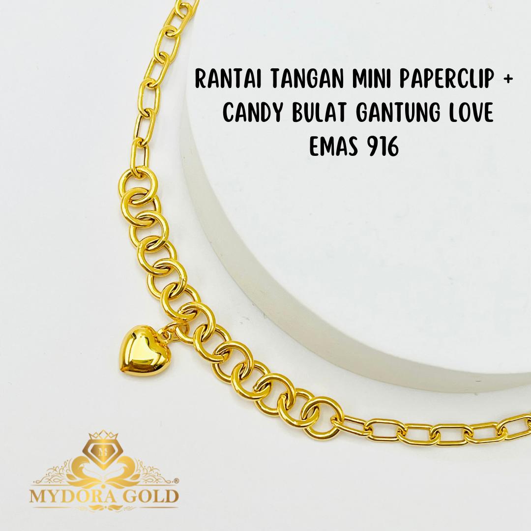 MYDORA Rantai Tangan Mini Paperclip + Candy Bulat Gantung Love l EMAS 916/22K