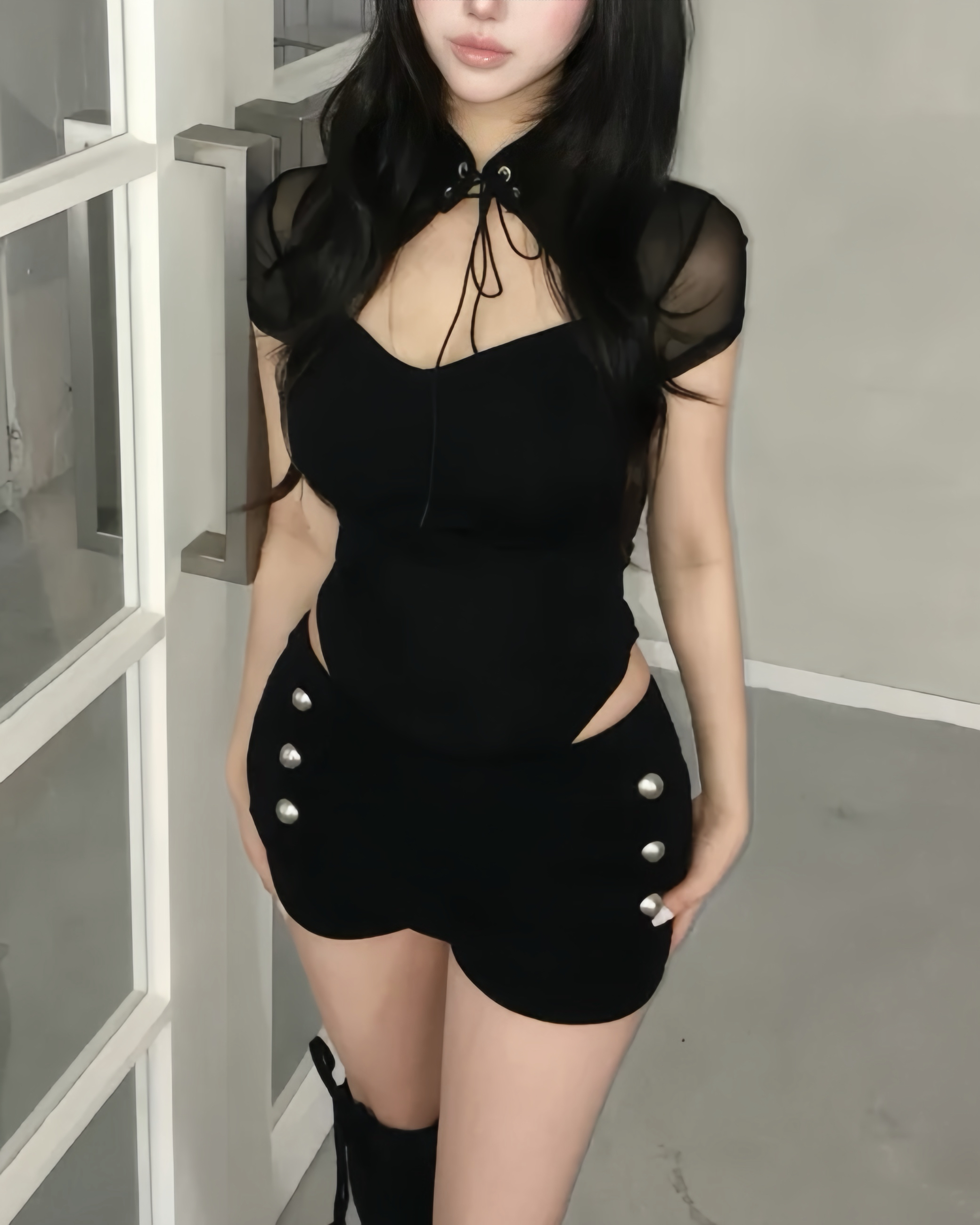 Sheer Cutout Lace-Up Mock Neck Bodysuit
