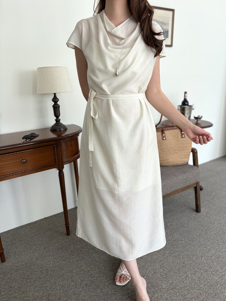 Draped Neck Dress with Inner Slip (Cream)