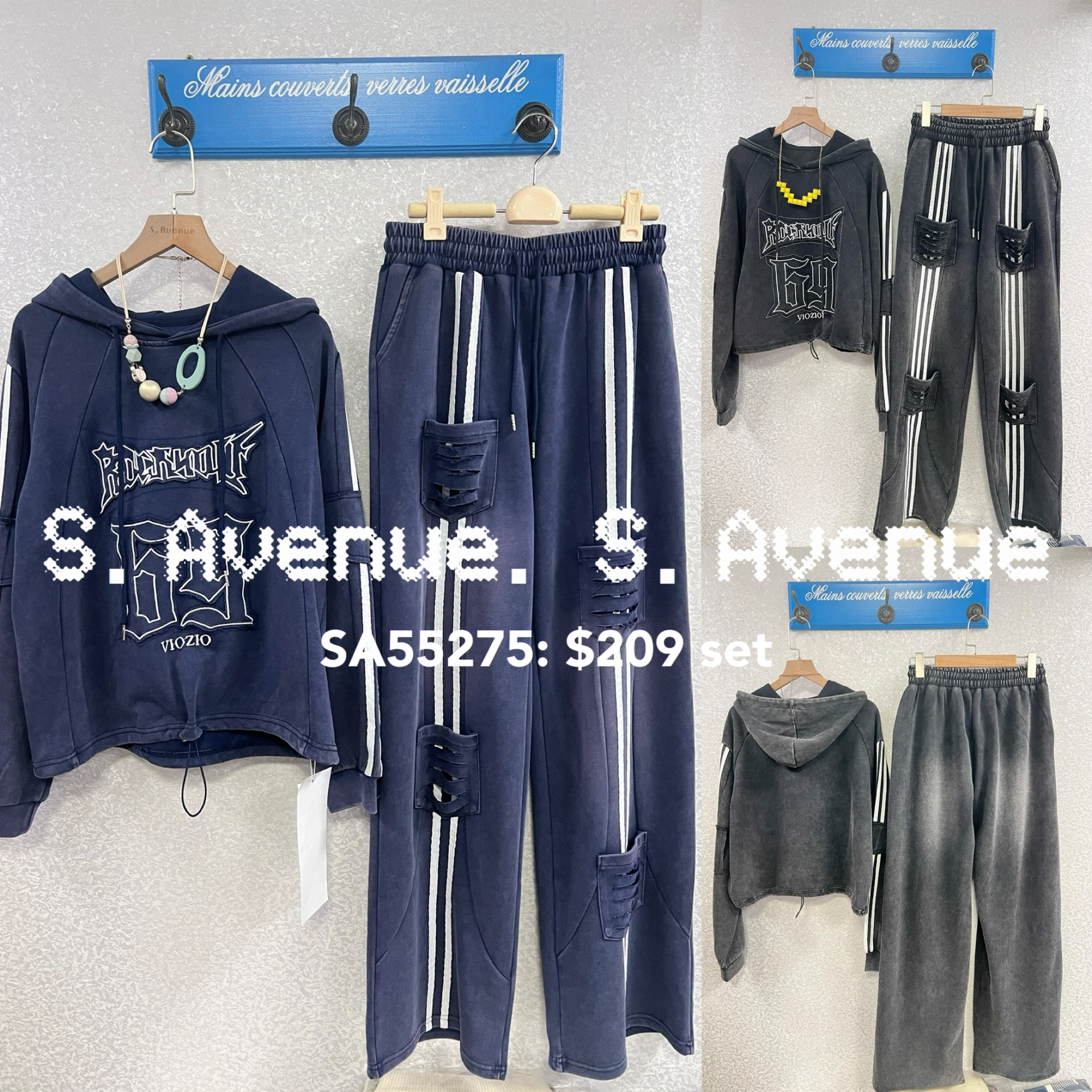 SA55275: 長袖有帽長英文字束腳衞衣面休閒白邊長褲套裝