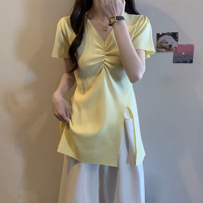 B356(1068) 法式V领前部褶皱下摆大开角黑黄针织长版上衣