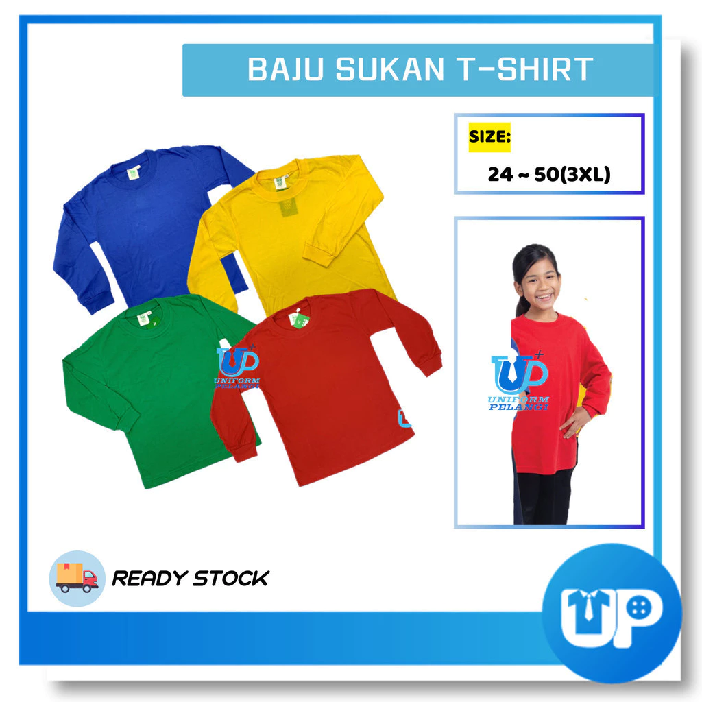 Tshirt Baju Rumah Sukan Lengan Panjang Warna Merah Biru Kuning Hijau Round Neck Sekolah Rendah to Menengah