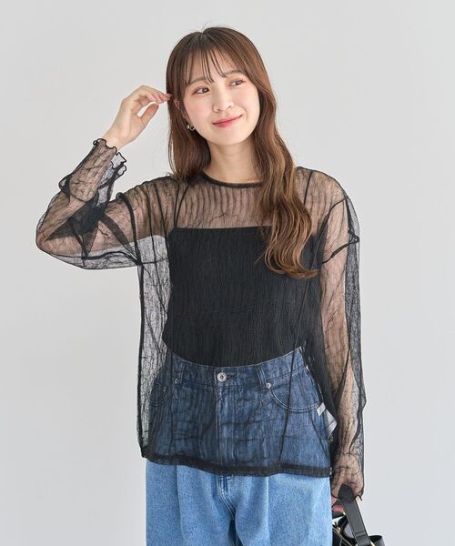 薄紗褶皺透視上衣