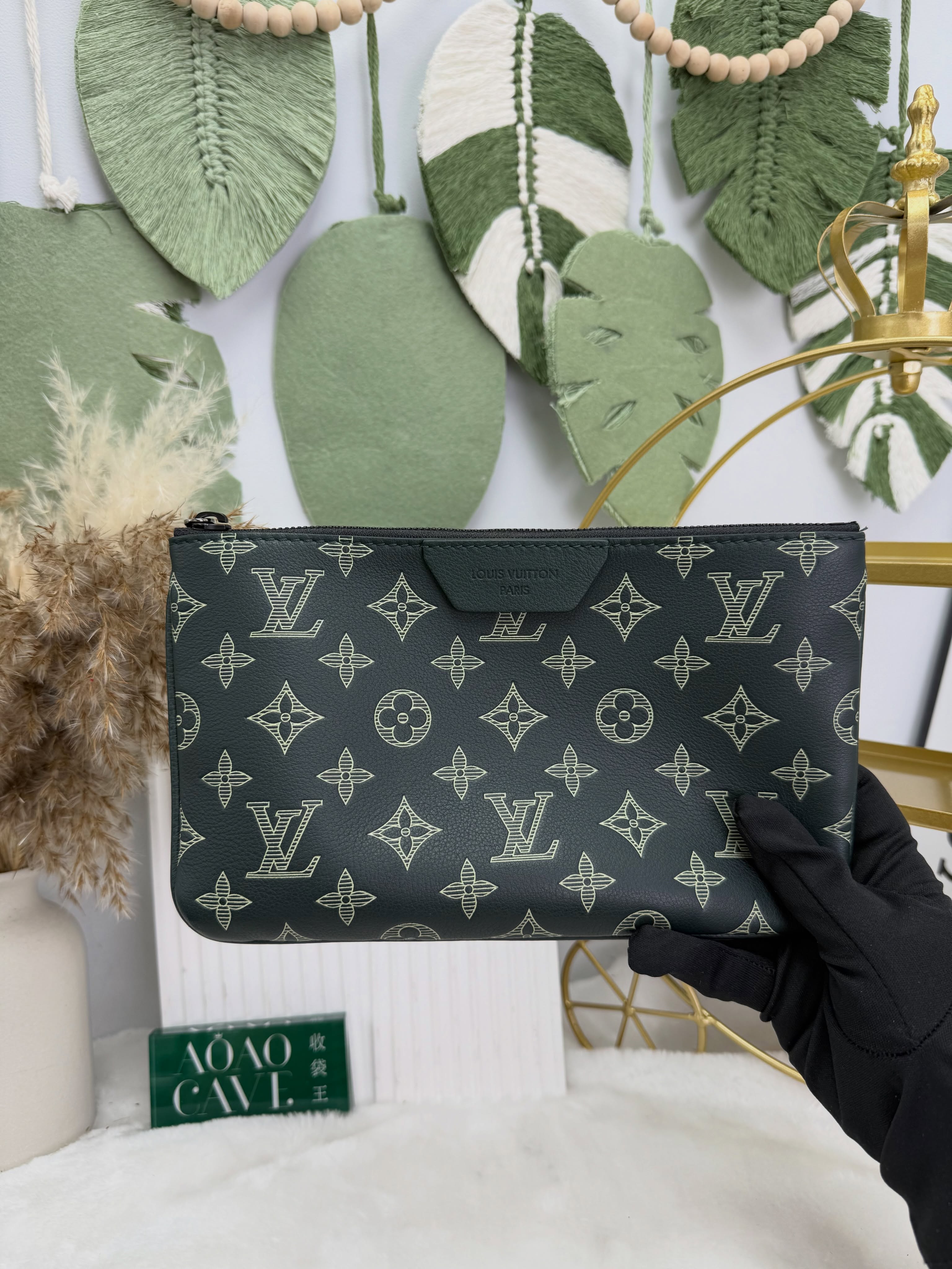 Lv👜 PRE OWNED 🛍️Trio Messenger三合一郵差包 森林綠皮革老花💚