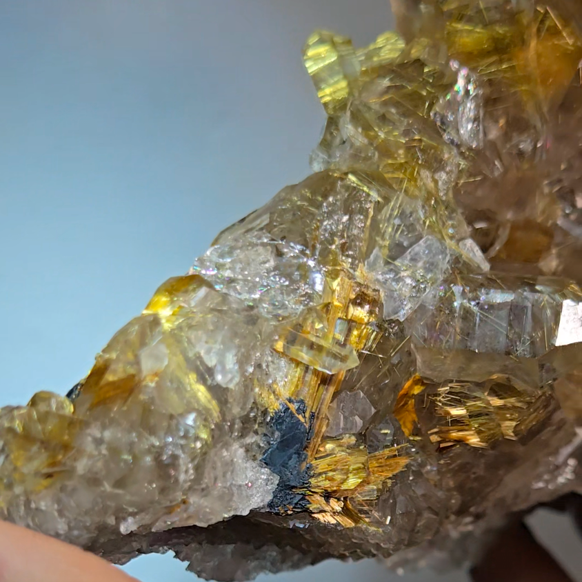 High-grade golden starburst rutiles on black hematite in quartz - RT1434