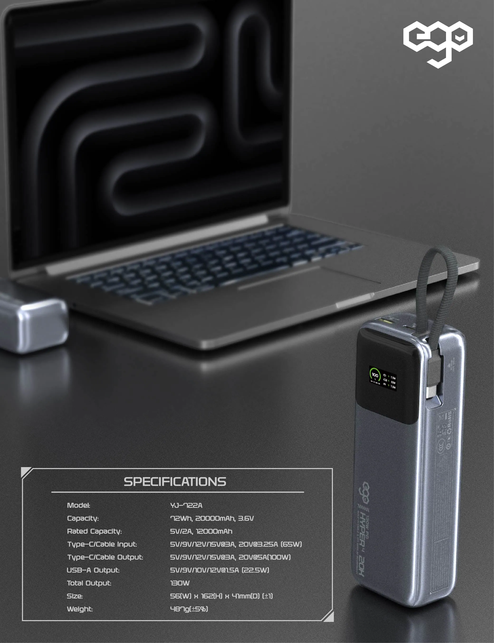 香港行貨 EGO Hyper4 20K@ 130W 內置線外置電  CCC QR code | 3C可追溯二維碼 | 20000mAh | 130W | 內置 Type C 線 | 流動充電池 | 尿袋 | 充電器 | 支援PD3.0 快充