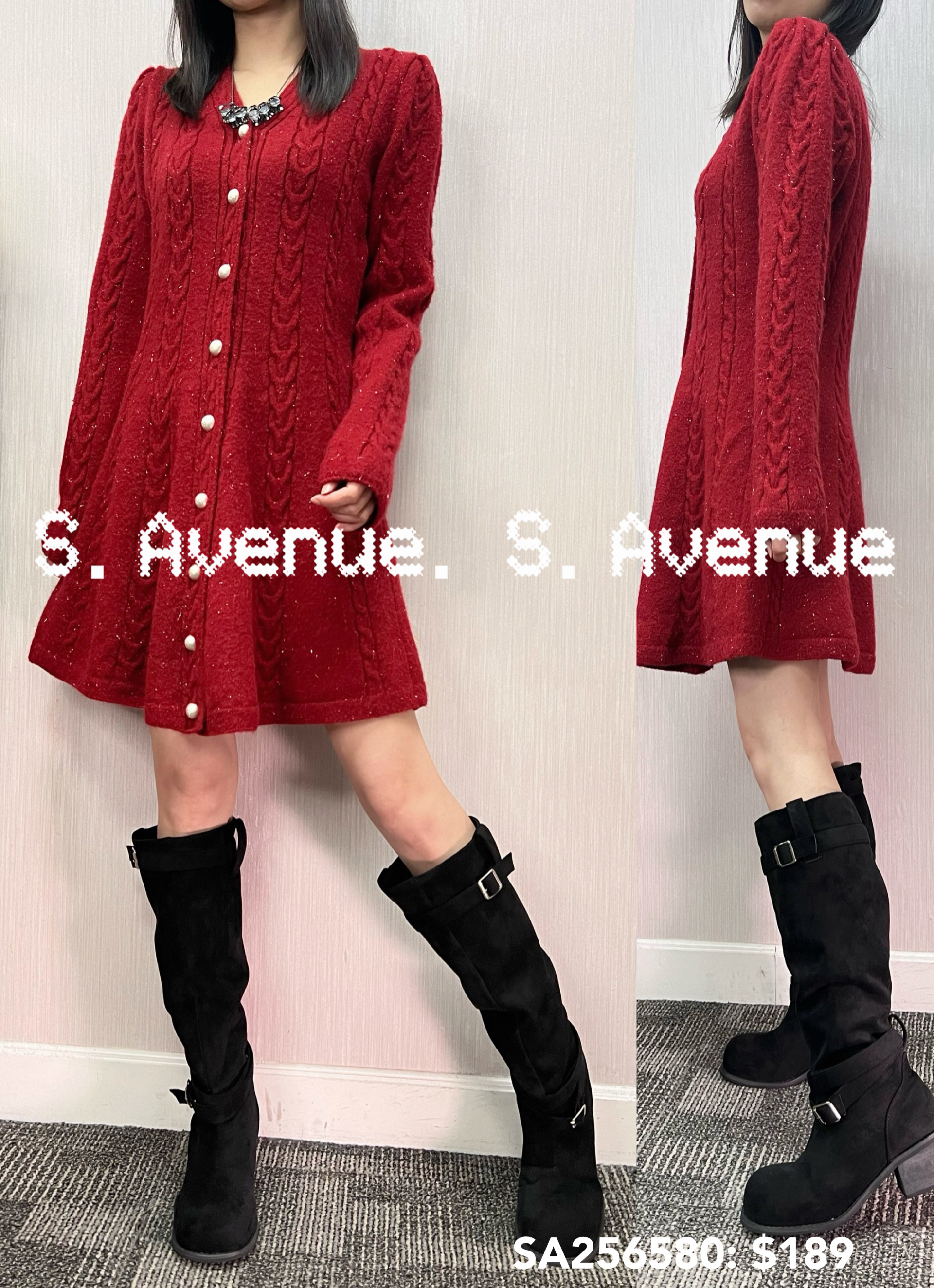 SA256580: 長袖V領有鈕織織花魚尾op