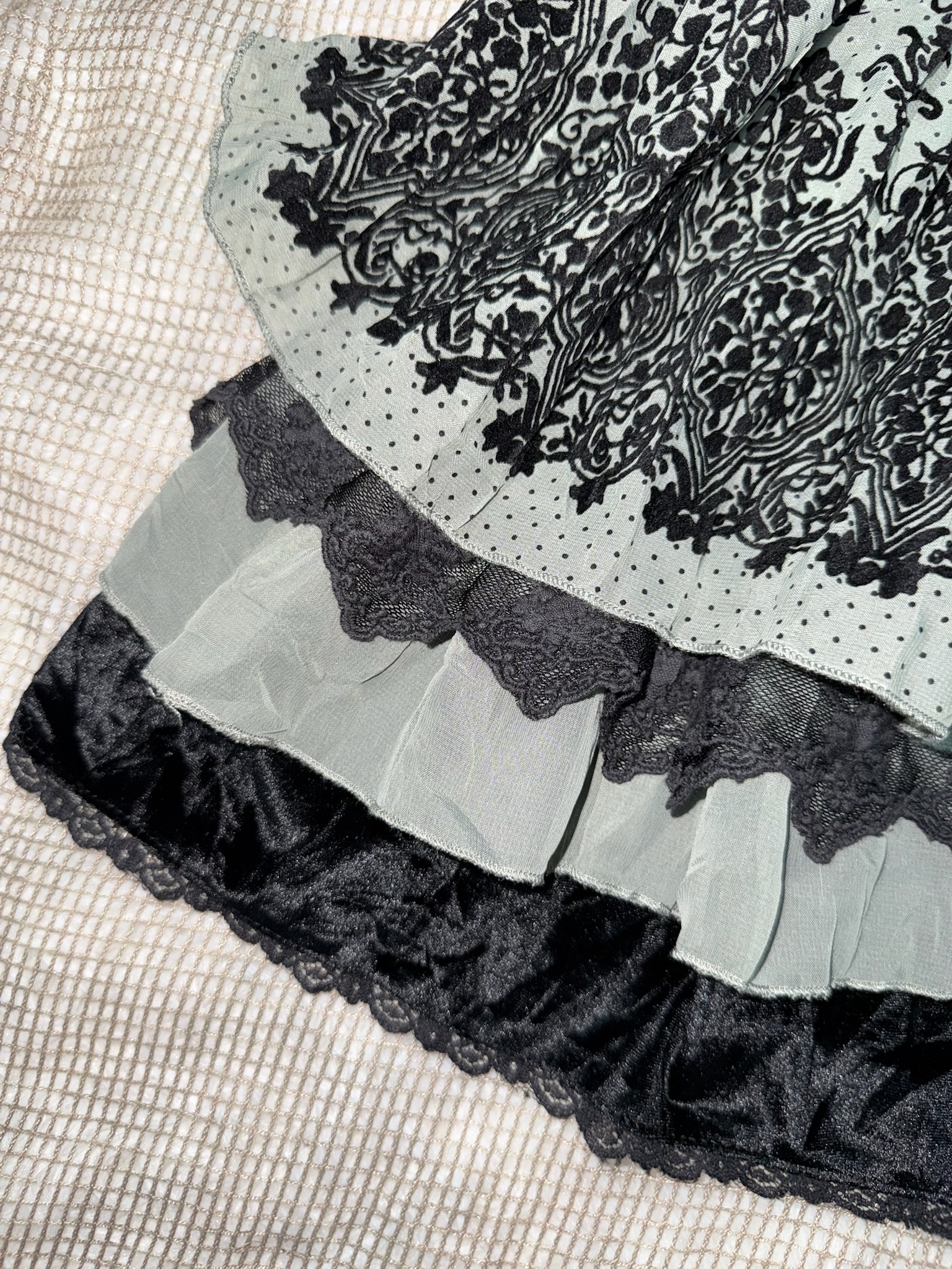 Axes Sage Green Mesh Slip Dress with Black Baroque Print and Tiered Lace Ruffles