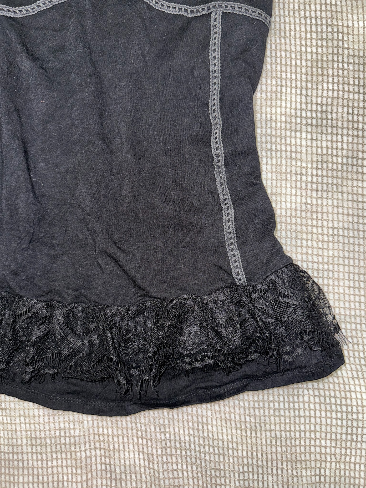 Grunge Black Cami Top with Contrast Stitching & Lace