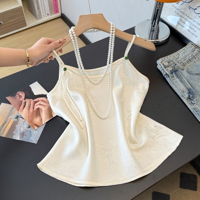 B05(0123) 新中式吊带边绿玉扣重工提花黑杏内搭 