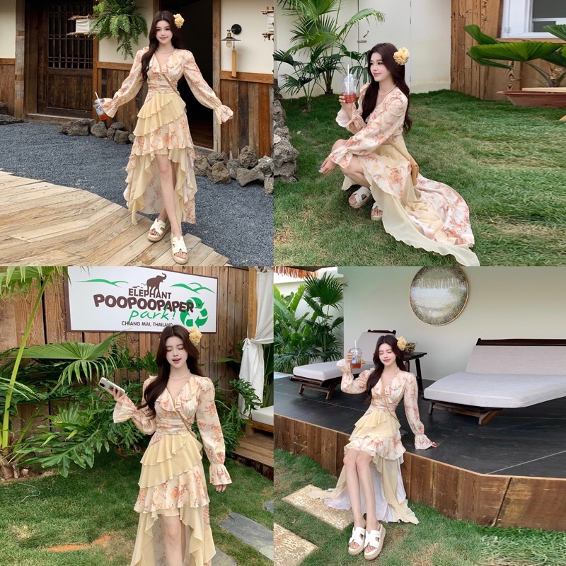 B11(8717) 法式度假风碎花糖果袖拼接斜层荷叶前短后长黄连身裙