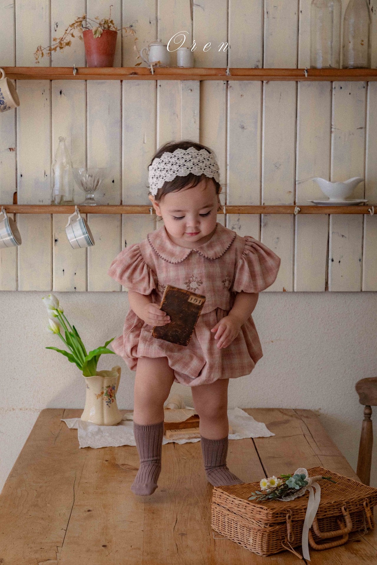 ☀️預訂 韓國直送☀️🇰🇷Oren Toua刺繡格紋泡泡袖包屁衣/連身裙