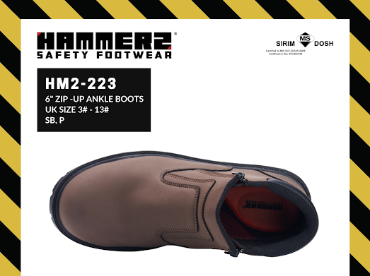 HAMMER 2 SAFETY FOOTWEAR HM2-223 6'' Zip-Up Ankle Boots SIRIM and DOSH Approved Shoes Kasut Keselamatan