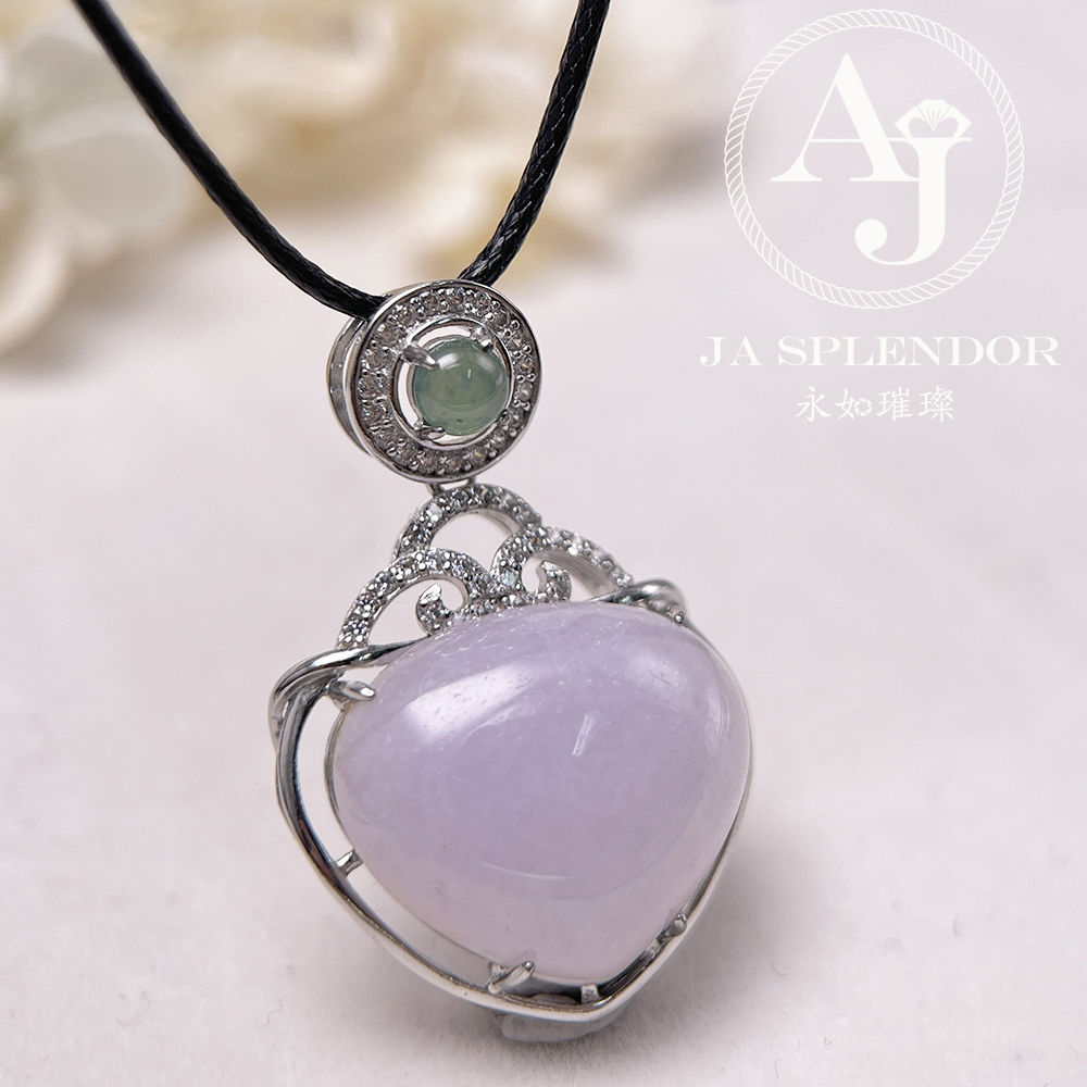 JNS-49 天然翡翠A 冰潤紫羅蘭心心相印綠色頂珠吊墜