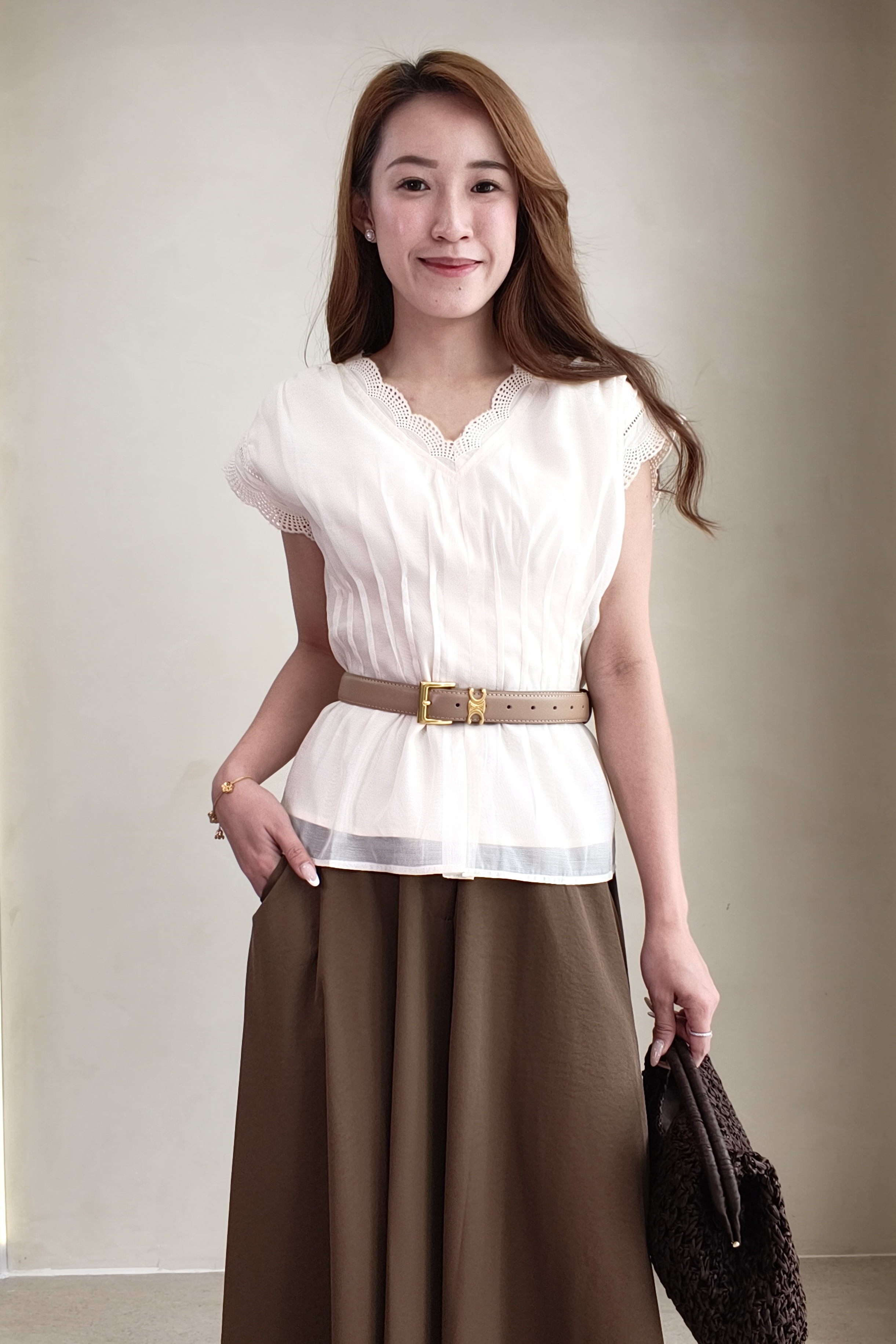 28034 Lace Trim Pleated V-Neck Blouse