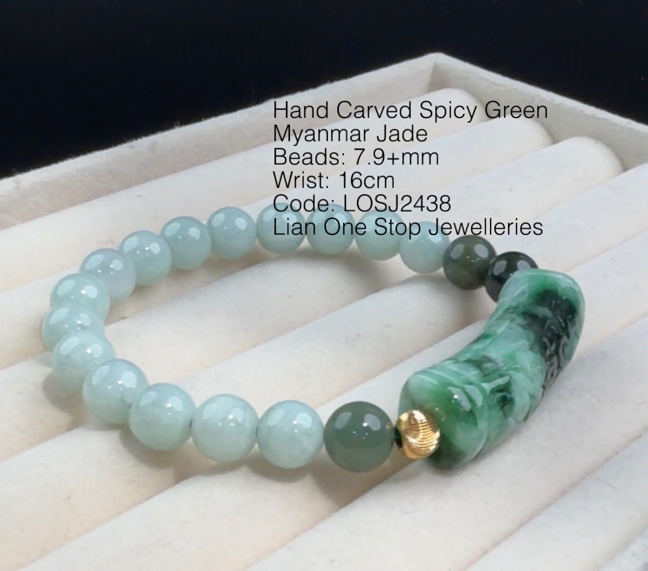 Code: LOSJ2438 Hand Carved Spicy Green Myanmar Jade 7.9+mm