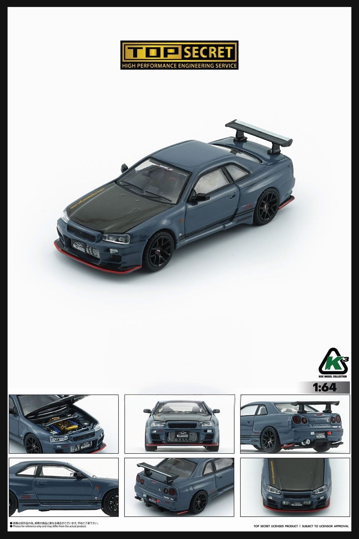 （預訂 Pre Order) KKK( 64B0498 ) Top Secret BNR34 - Grey Blue w/Carbon Bonnet  (TAS JP26) Limited (RHD)
