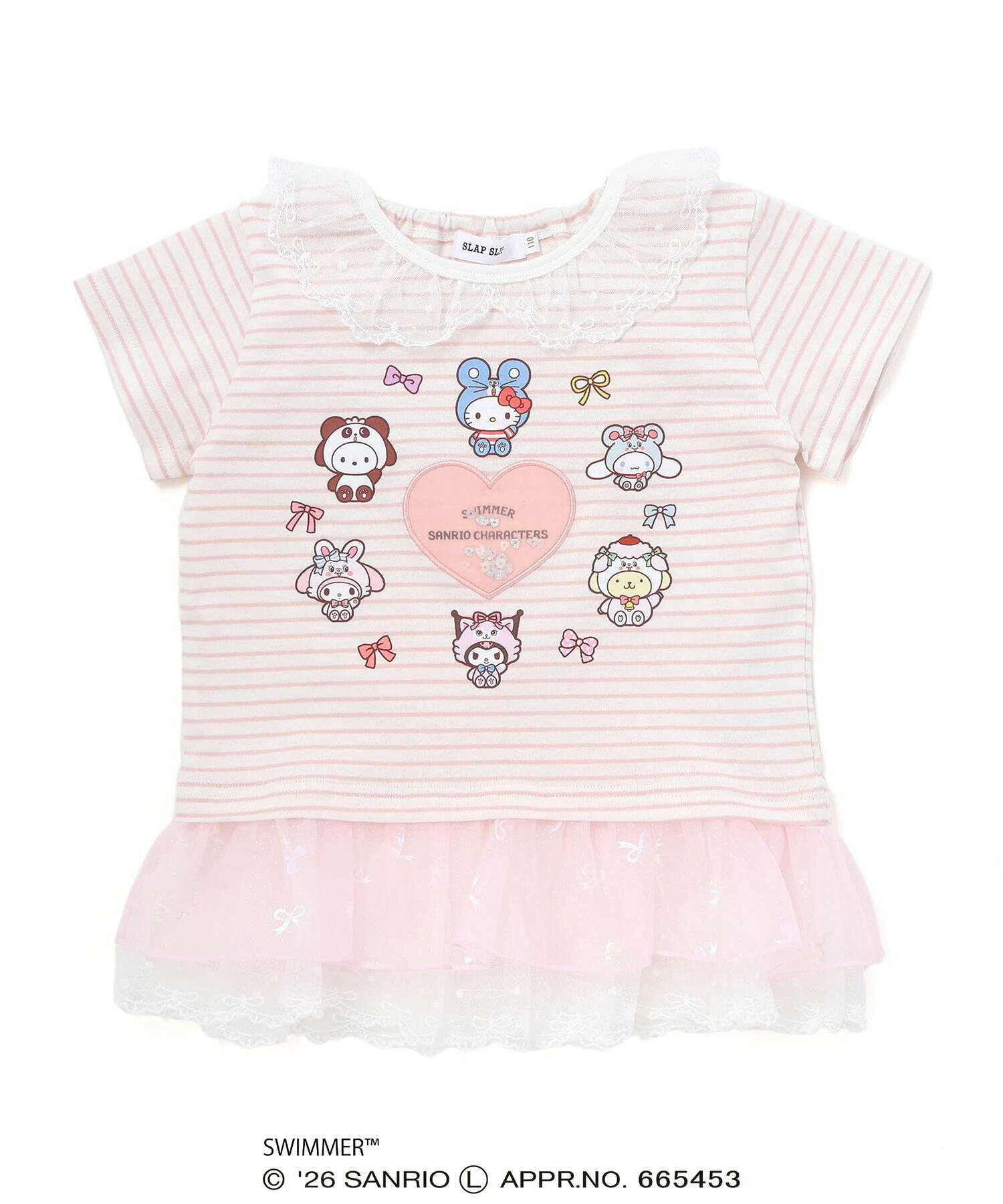 🇯🇵預訂 日本直送🇯🇵Slap Slip x Swimmer x Sanrio系列兩色人物印花亮片愛心蕾絲荷葉邊領口條紋短袖上衣