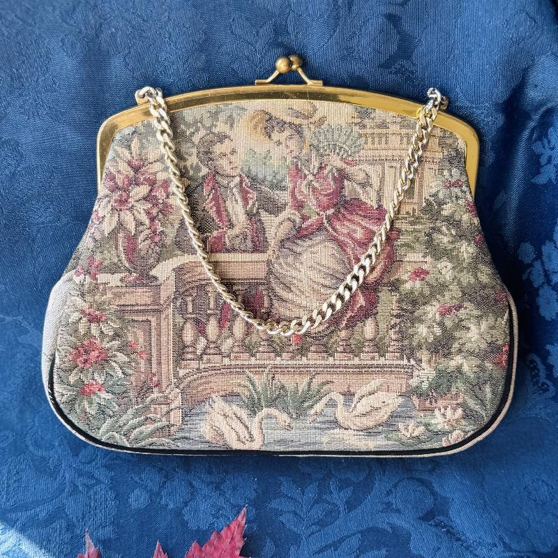Vintage C.a. 1960s La Marquise Italian TapestryCourting Couple Pattern Double-Sided Handbag (MT2121)