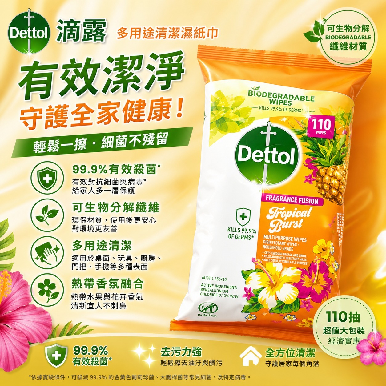 【預訂】Dettol 滴露多用途消毒濕紙巾 (1袋110張)