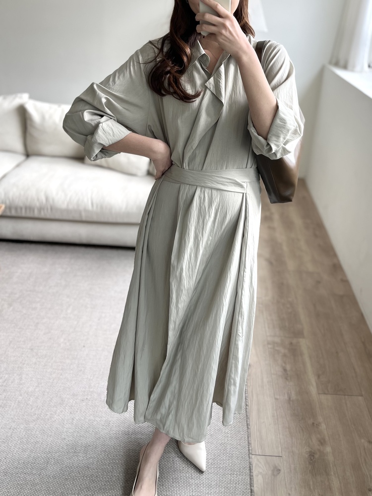 Minimal Belted Shirt Dress (Khaki)
