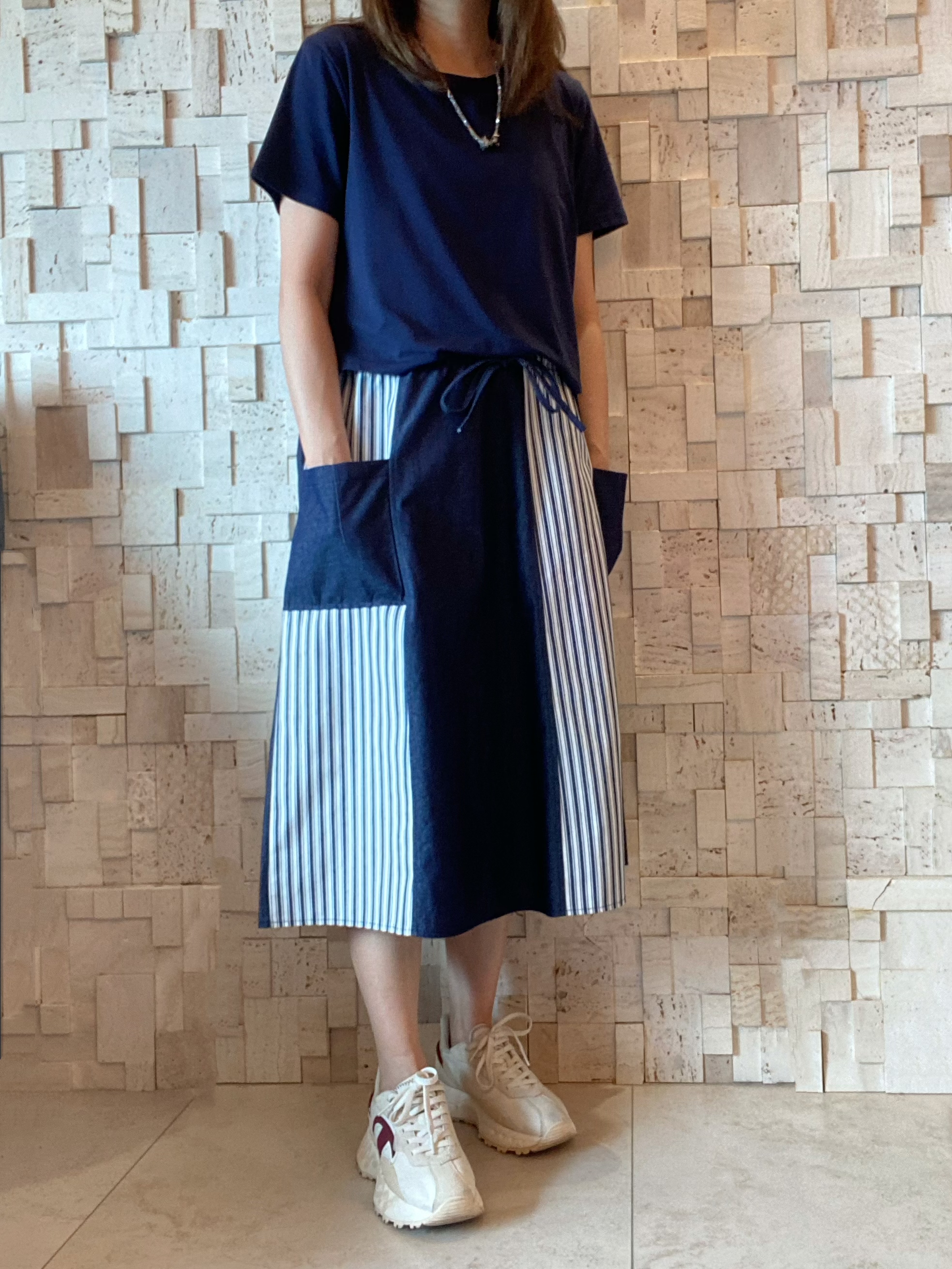 S00356 牛仔布拼條紋撞色Op