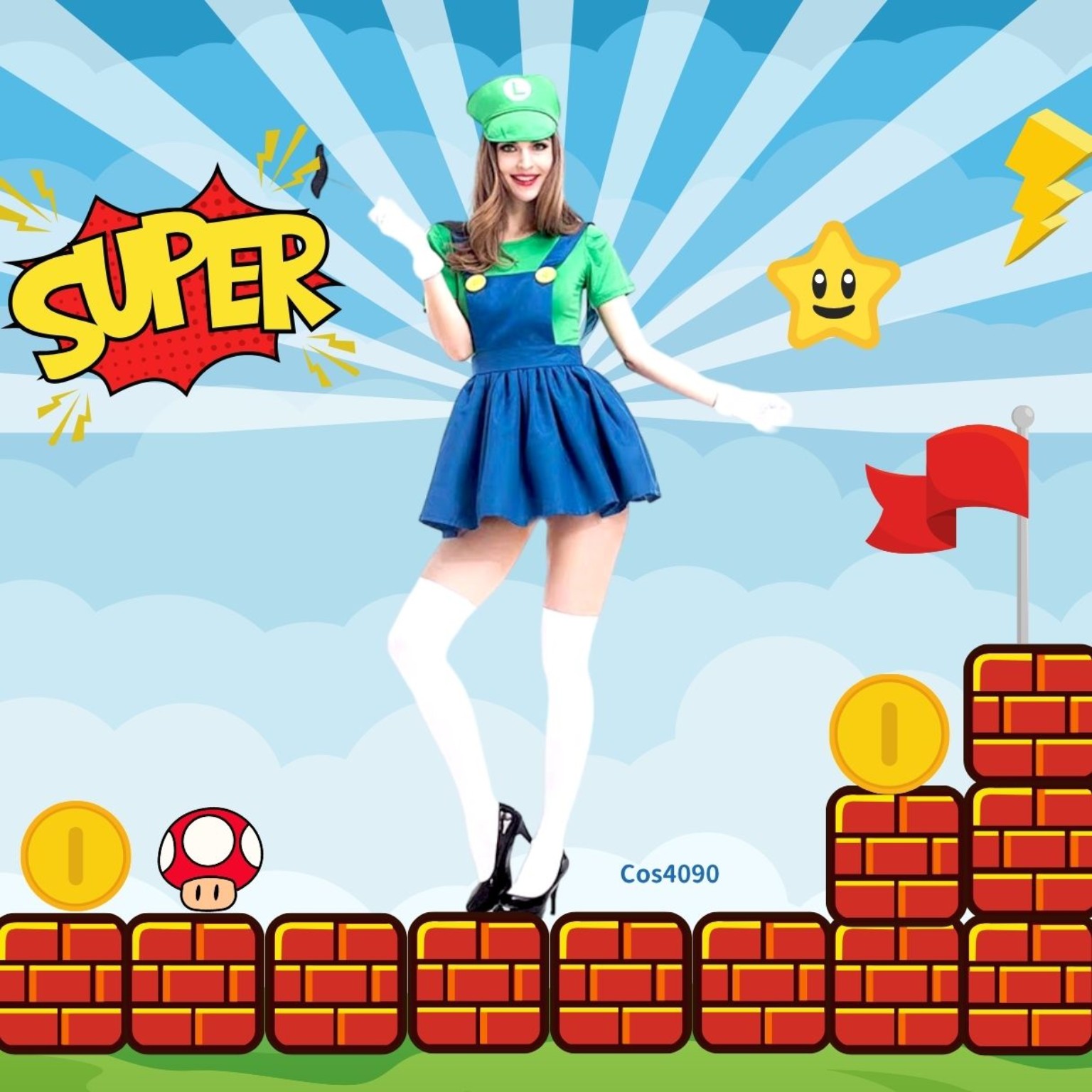  Luigi Costume for Lady 路易吉主題女裝短連身裙5件套｜萬聖節Luigi Cosplay｜Lets Cosplay Cos4090