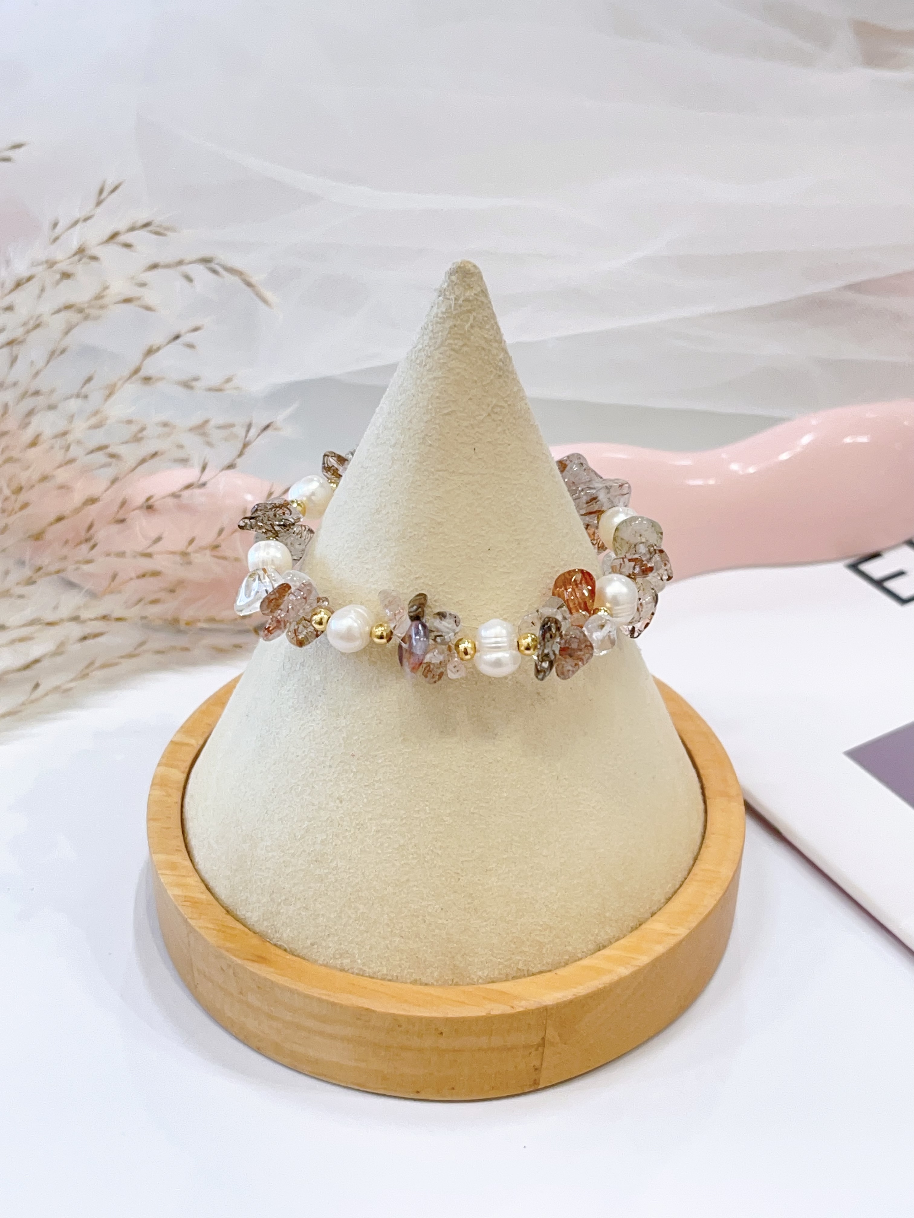 🌈 彩发晶多宝碎石 × 粉水晶碎石 × 草莓晶碎石 × 珍珠手串 Multicolor Rutilated Quartz Chips, Rose Quartz Chips, Strawberry Quartz Chips & Pearl