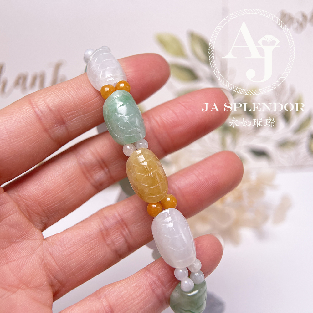 OF-06-A 天然翡翠A玉 - 冰潤三彩長壽吉祥龜貝手串